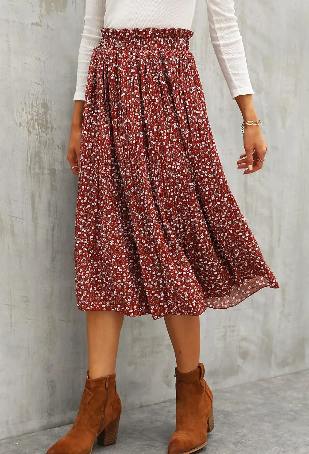 Naggoo Women's Skirts High Elastic Waisted Casual Skirt Pleated Floral/Solid Midi Skirts with Pockets