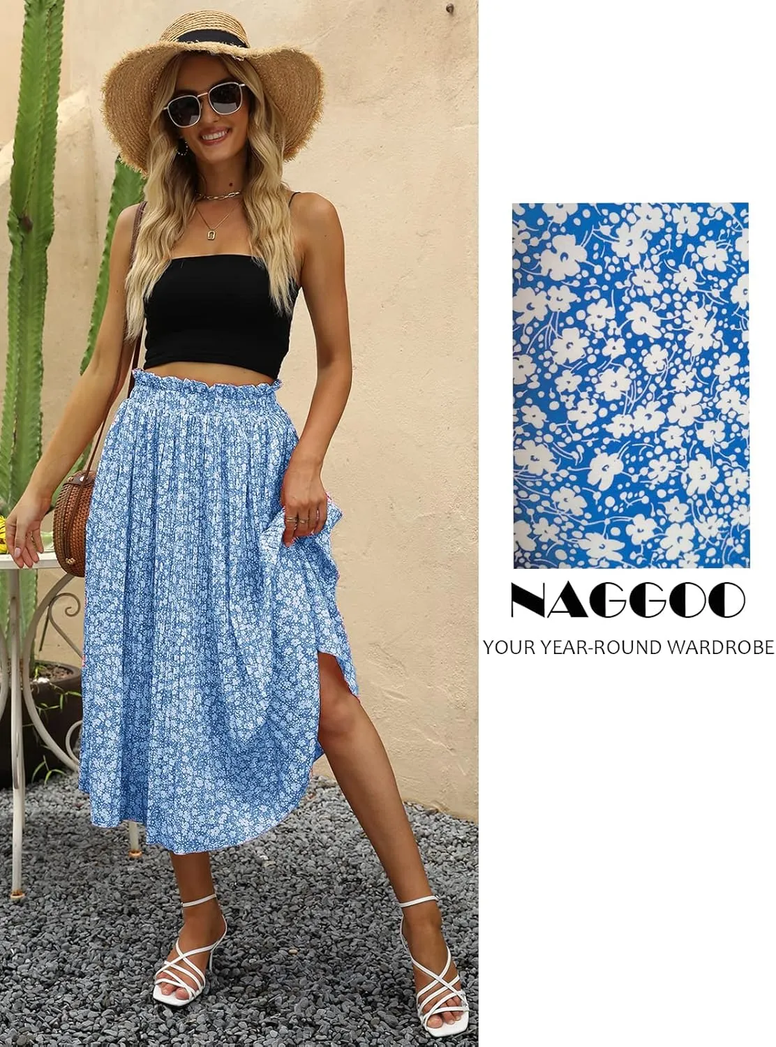 Naggoo Women's Skirts High Elastic Waisted Casual Skirt Pleated Floral/Solid Midi Skirts with Pockets