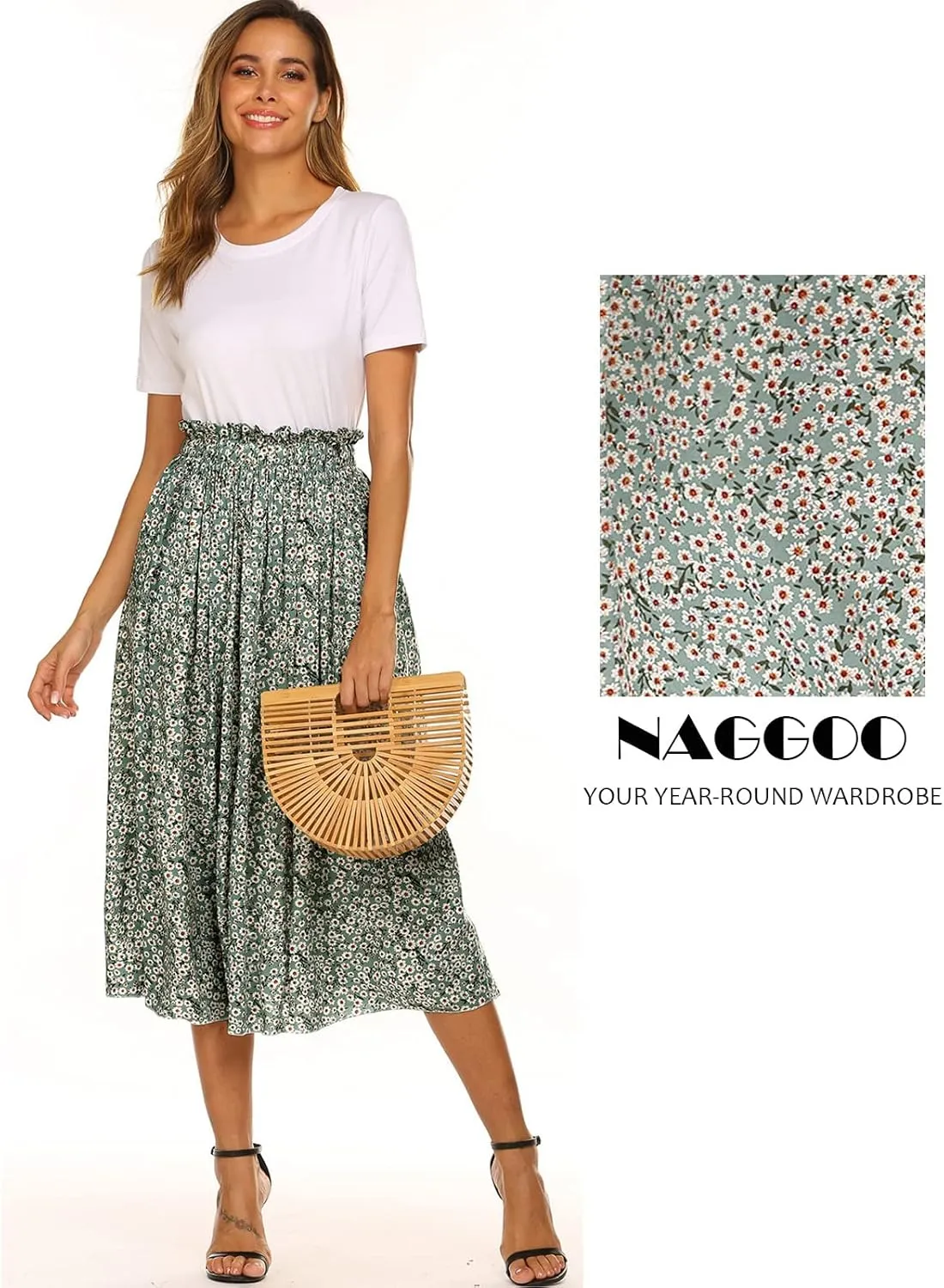Naggoo Women's Skirts High Elastic Waisted Casual Skirt Pleated Floral/Solid Midi Skirts with Pockets