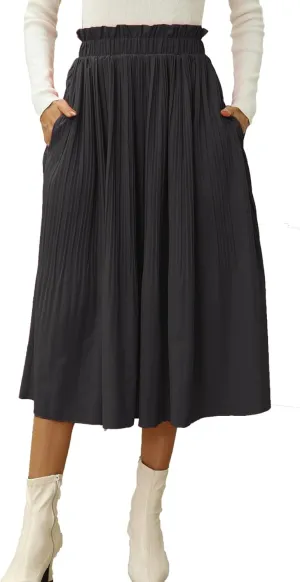 Naggoo Women's Skirts High Elastic Waisted Casual Skirt Pleated Floral/Solid Midi Skirts with Pockets