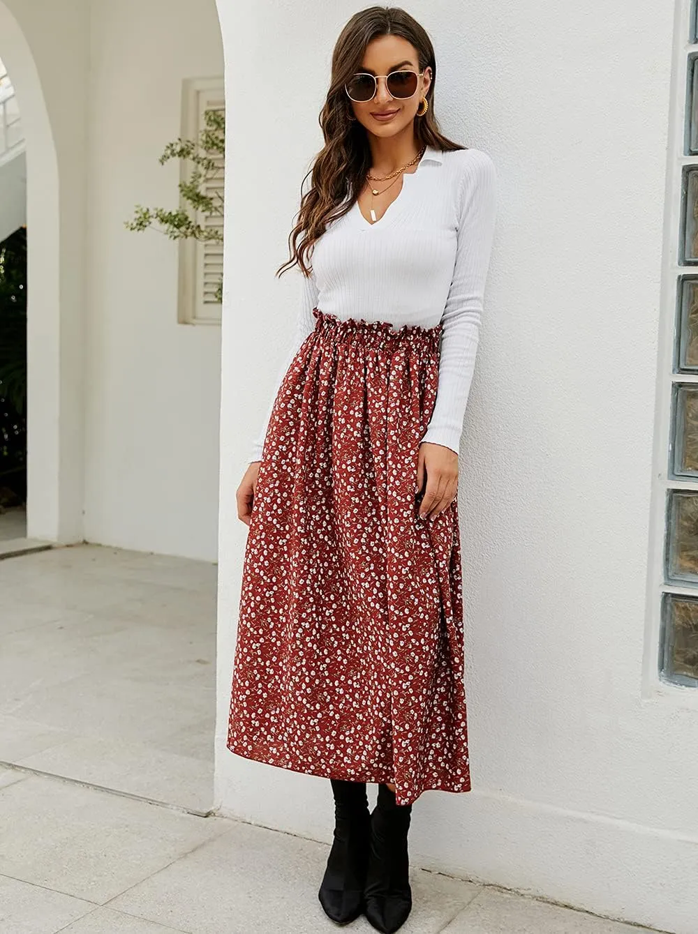 Naggoo Women's Skirts High Elastic Waisted Casual Skirt Pleated Floral/Solid Midi Skirts with Pockets