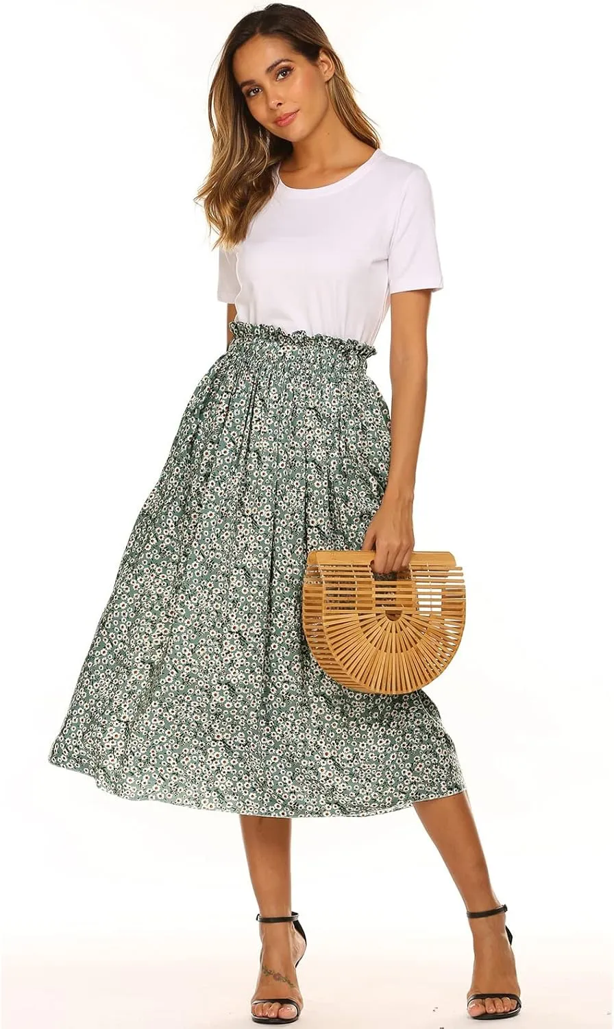Naggoo Women's Skirts High Elastic Waisted Casual Skirt Pleated Floral/Solid Midi Skirts with Pockets