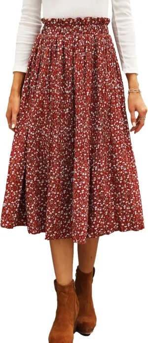 Naggoo Women's Skirts High Elastic Waisted Casual Skirt Pleated Floral/Solid Midi Skirts with Pockets