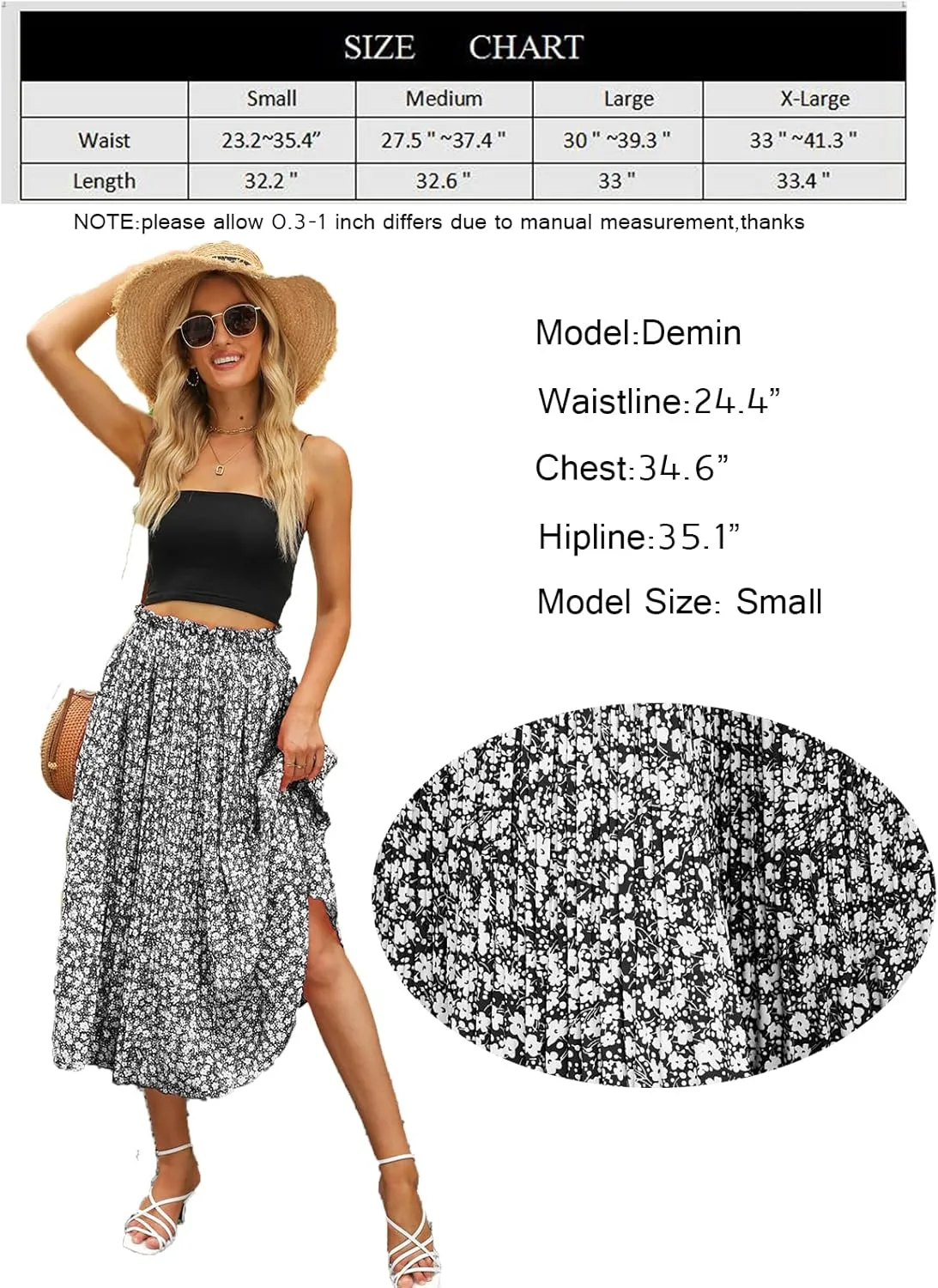 Naggoo Women's Skirts High Elastic Waisted Casual Skirt Pleated Floral/Solid Midi Skirts with Pockets