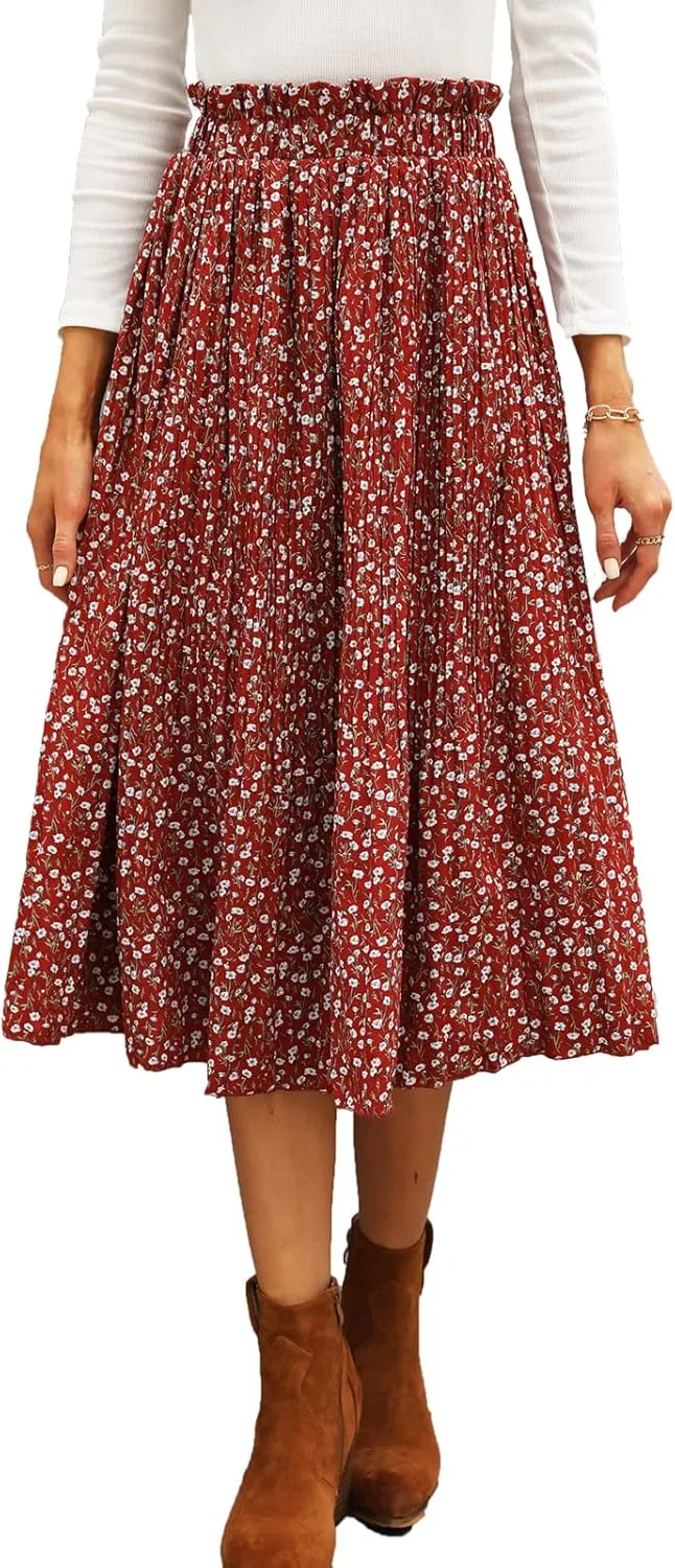 Naggoo Women's Skirts High Elastic Waisted Casual Skirt Pleated Floral/Solid Midi Skirts with Pockets