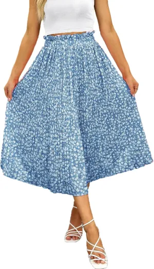 Naggoo Women's Skirts High Elastic Waisted Casual Skirt Pleated Floral/Solid Midi Skirts with Pockets