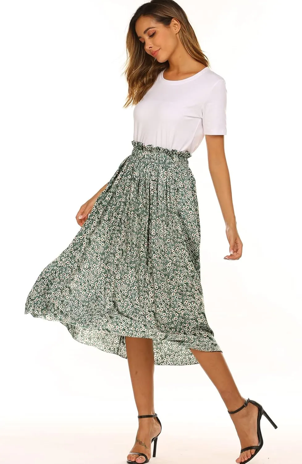 Naggoo Women's Skirts High Elastic Waisted Casual Skirt Pleated Floral/Solid Midi Skirts with Pockets