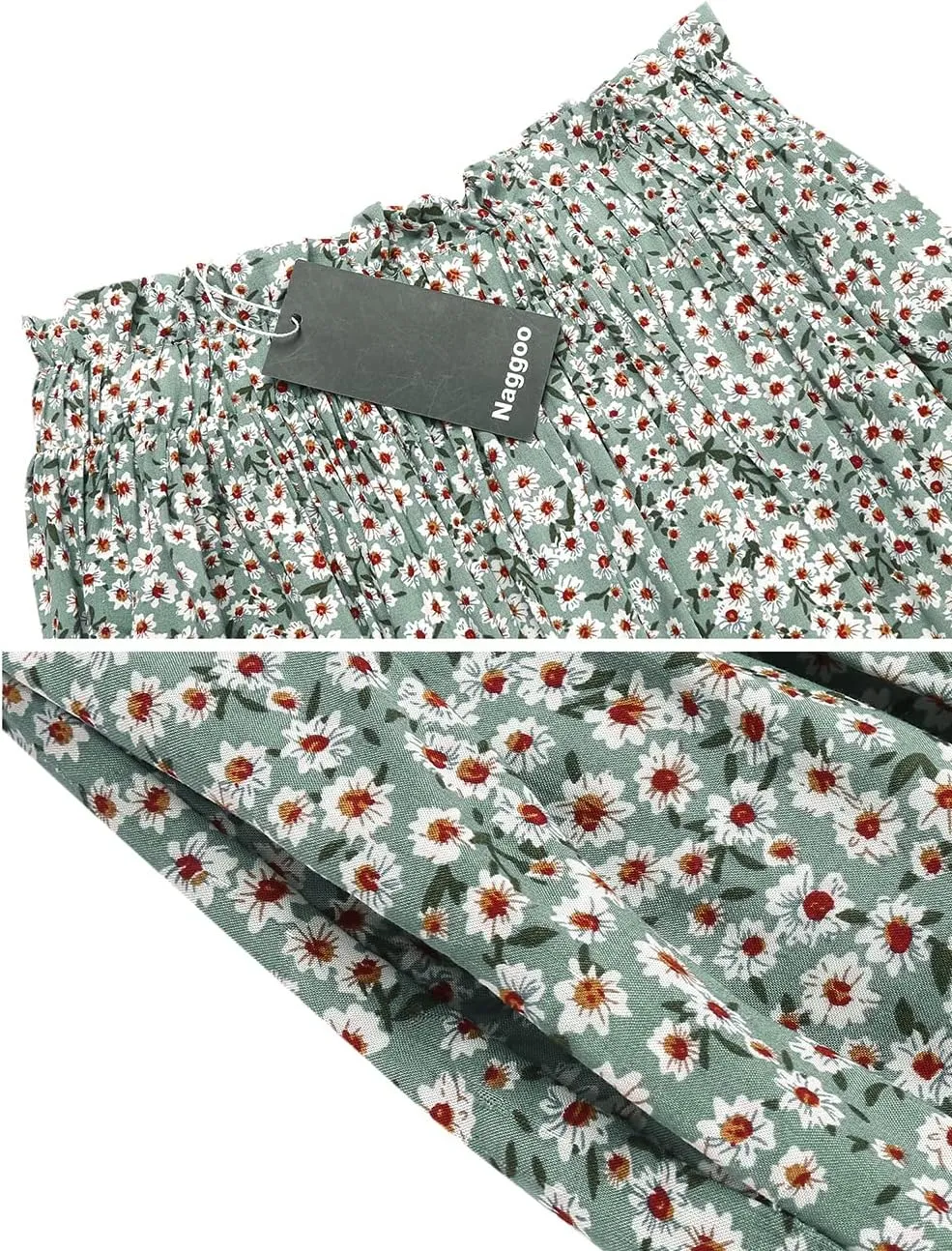 Naggoo Women's Skirts High Elastic Waisted Casual Skirt Pleated Floral/Solid Midi Skirts with Pockets