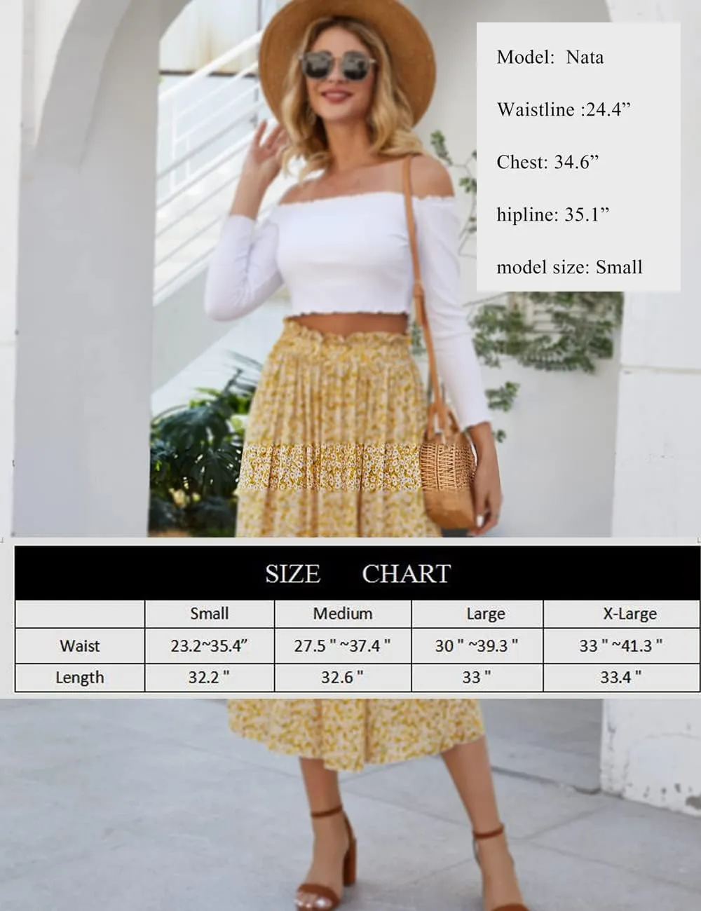 Naggoo Women's Skirts High Elastic Waisted Casual Skirt Pleated Floral/Solid Midi Skirts with Pockets