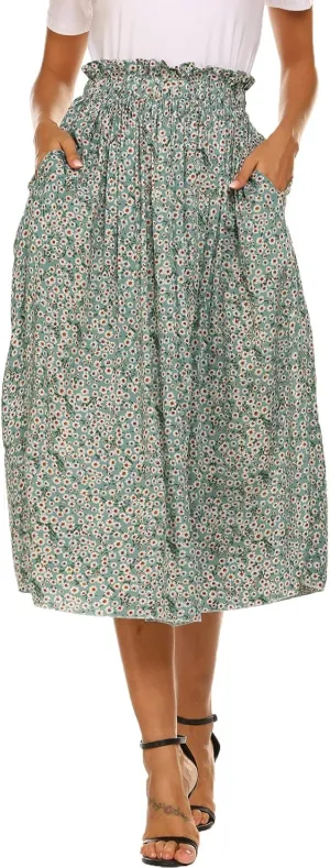 Naggoo Women's Skirts High Elastic Waisted Casual Skirt Pleated Floral/Solid Midi Skirts with Pockets