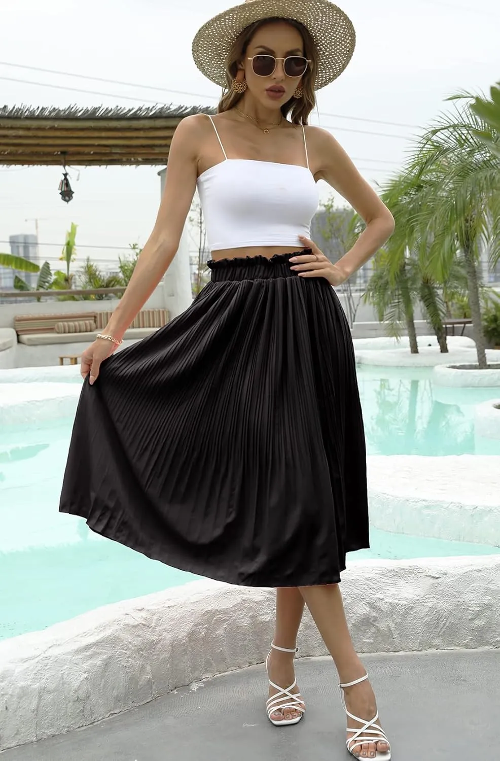 Naggoo Women's Skirts High Elastic Waisted Casual Skirt Pleated Floral/Solid Midi Skirts with Pockets