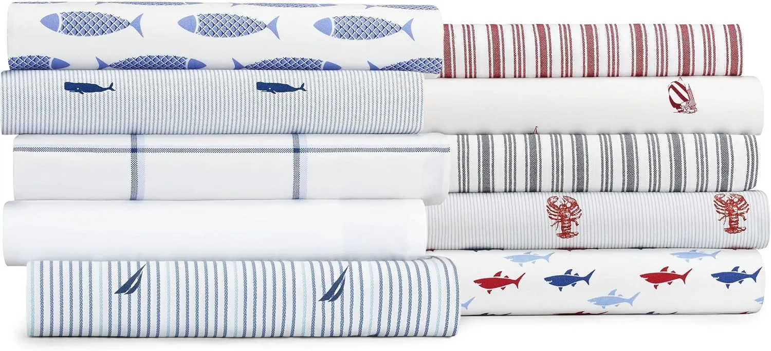 Nautica - Full Size Sheet Sets, Cotton Percale Bedding, Crisp & Cool, Coastal Bedding Set (Beaux Stripe Navy, Full)