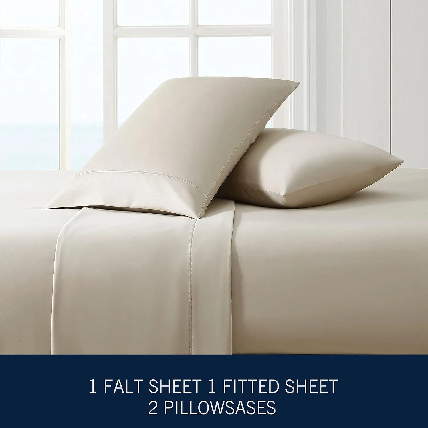Nautica - Queen Sheets, Cotton Sateen Bedding, 400 Thread Count, Silky Smooth & Wrinkle Resistant (Regatta Beige, Queen)
