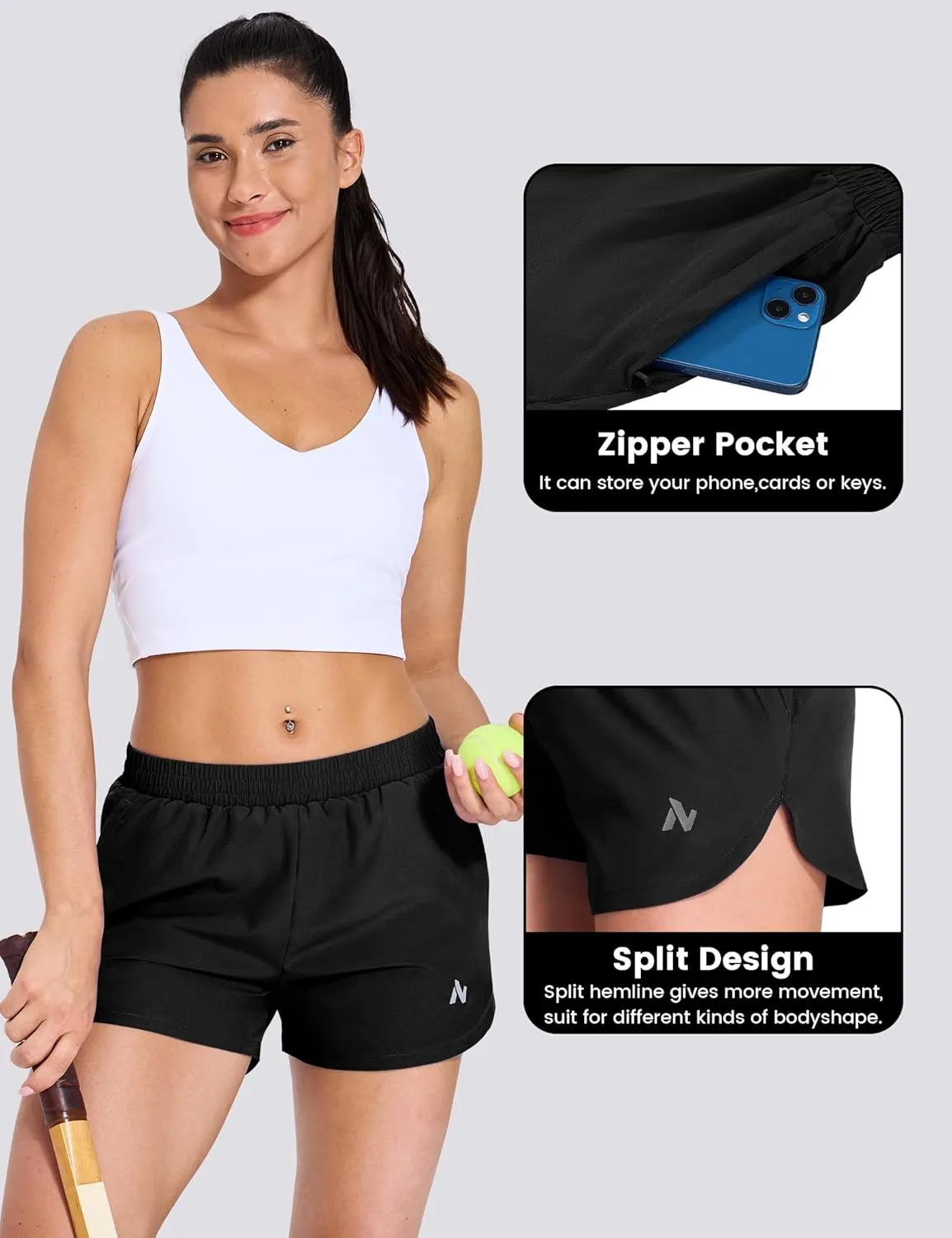 Nepest Womens Running Shorts with Mesh Liner Elastic Waist Quick Dry 3 inch Athletic Workout Shorts with Zipper Pocket