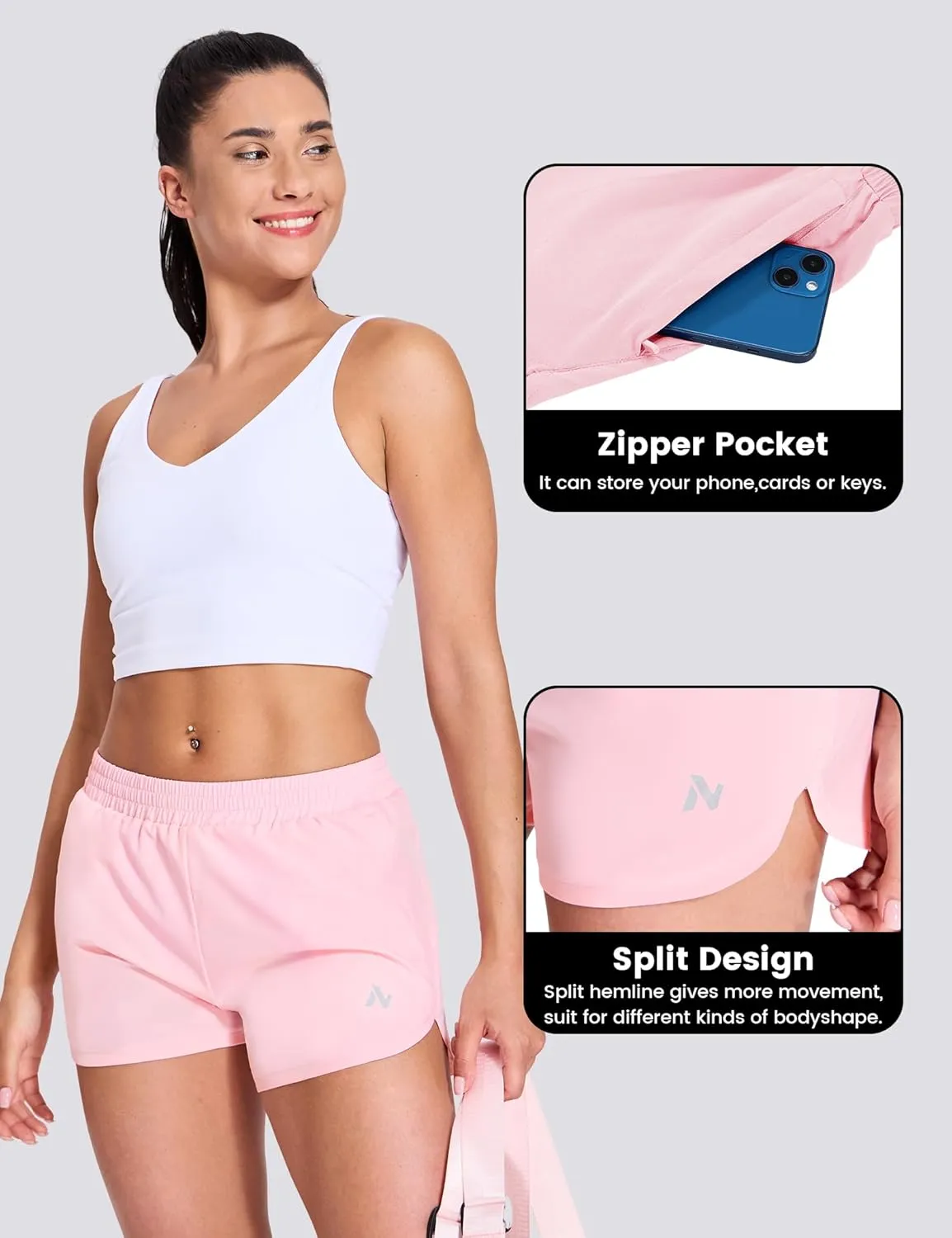 Nepest Womens Running Shorts with Mesh Liner Elastic Waist Quick Dry 3 inch Athletic Workout Shorts with Zipper Pocket