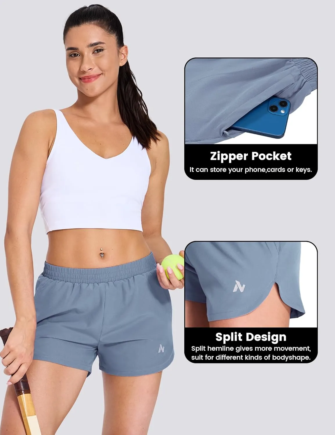 Nepest Womens Running Shorts with Mesh Liner Elastic Waist Quick Dry 3 inch Athletic Workout Shorts with Zipper Pocket