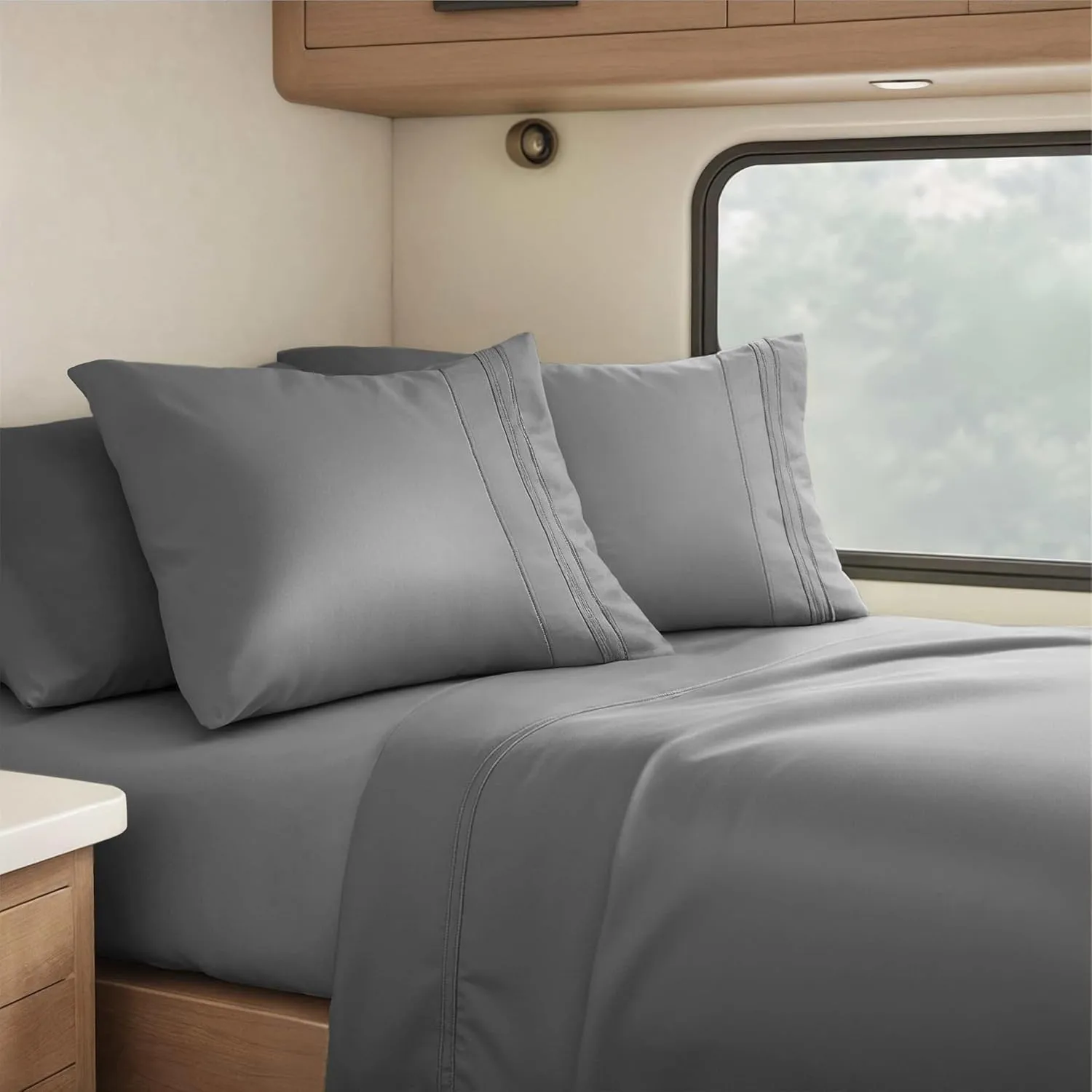 Nestl Grey RV Queen Sheets – Super Soft RV Short Queen Sheets for RV Camper, 4 Piece 1800 Microfiber Fitted RV Sheets, Double Brushed RV Bed Sheets Set, Camper Sheets and Pillowcases