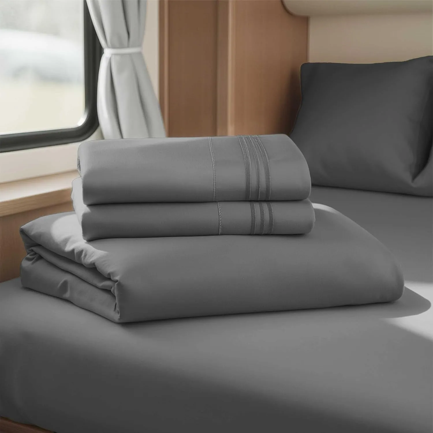 Nestl Grey RV Queen Sheets – Super Soft RV Short Queen Sheets for RV Camper, 4 Piece 1800 Microfiber Fitted RV Sheets, Double Brushed RV Bed Sheets Set, Camper Sheets and Pillowcases
