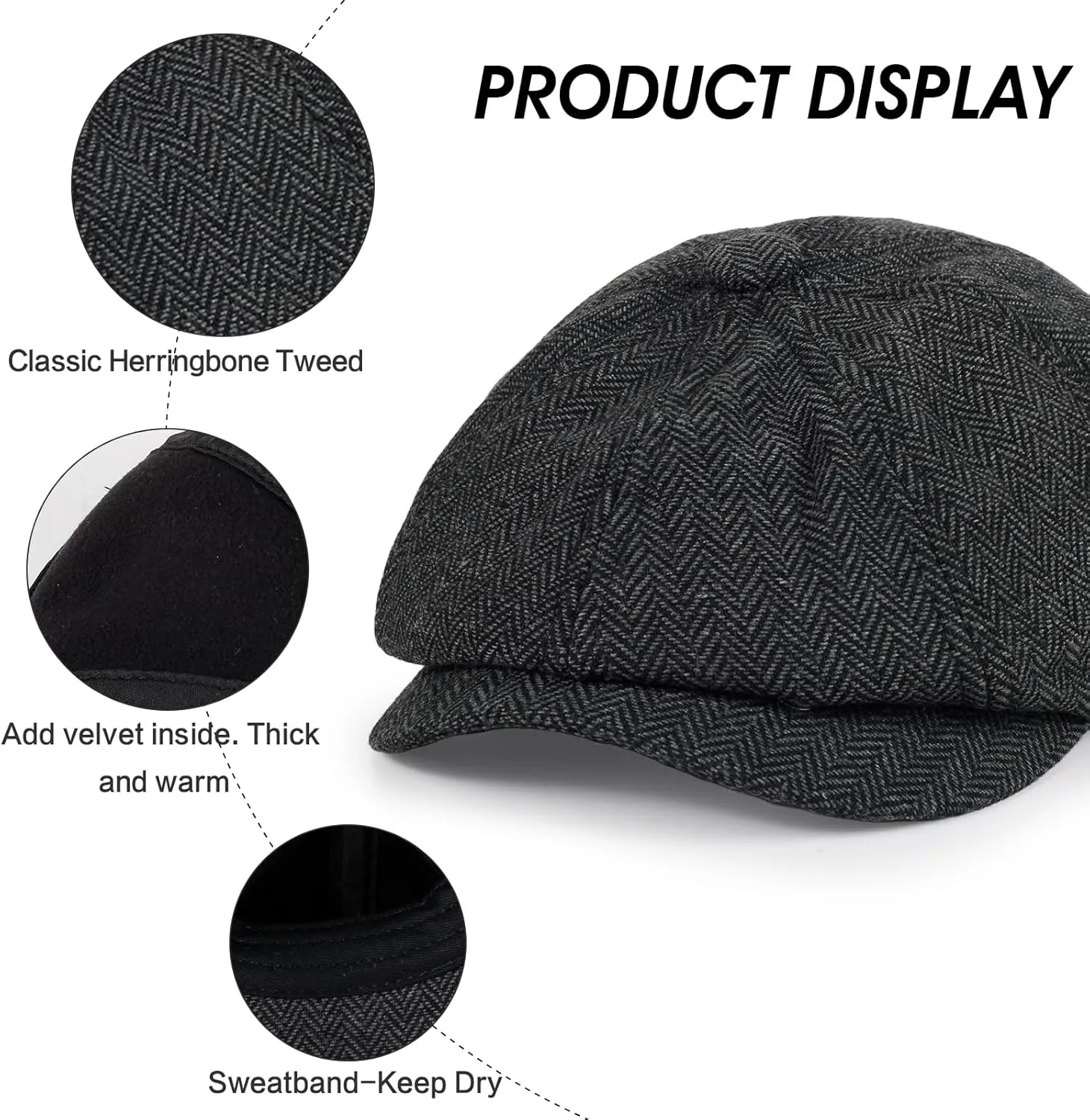 Newsboy Cap for Men Cotton 8 Panel Men's Flat Cap Herringbone Tweed CabbieHat