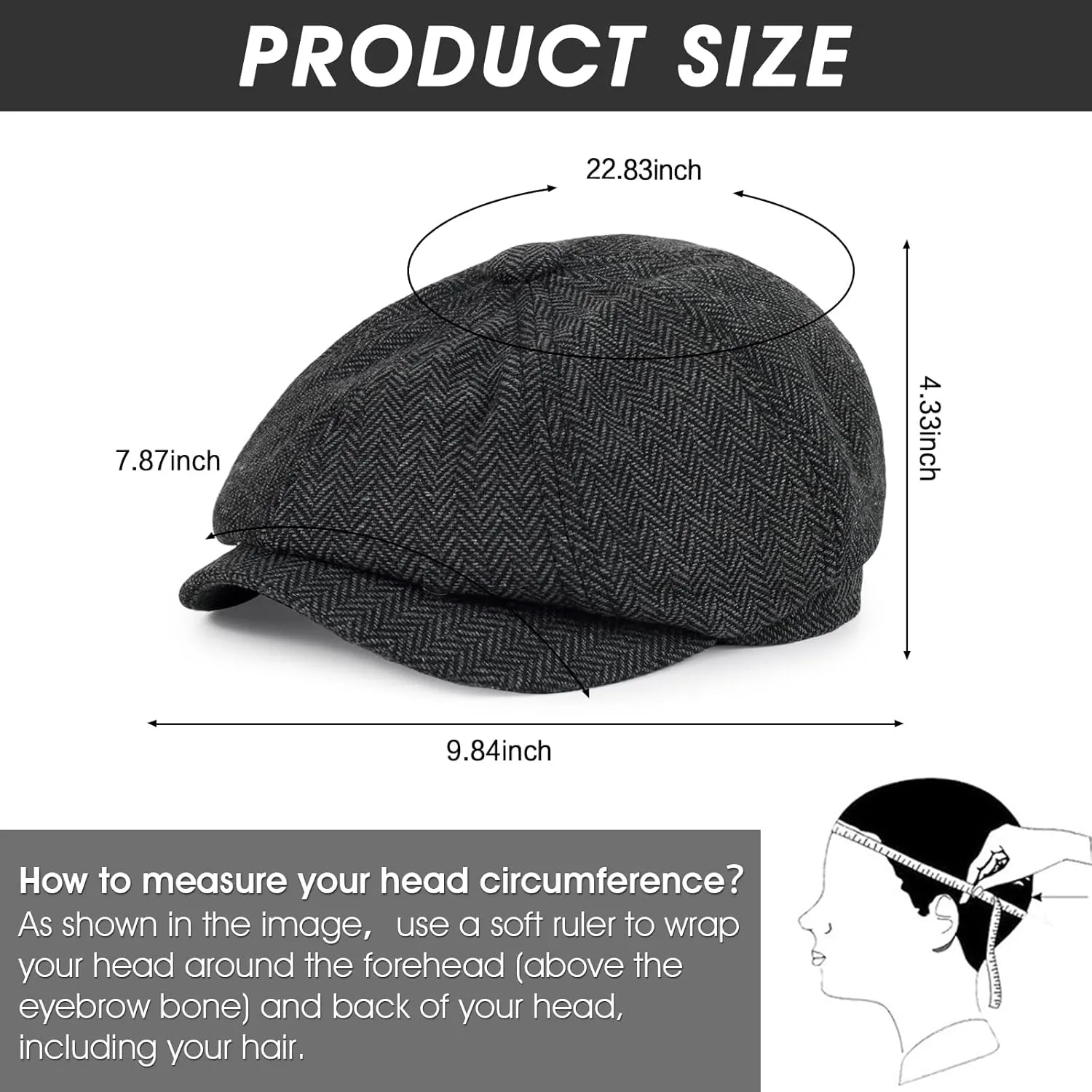 Newsboy Cap for Men Cotton 8 Panel Men's Flat Cap Herringbone Tweed CabbieHat
