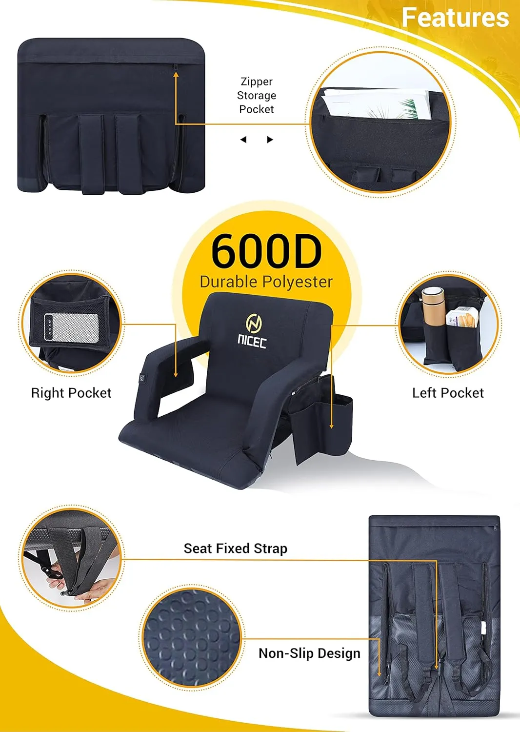 Nice C Stadium Seats, Floor Chair, Bleacher Chairs, 5 Reclining Positions Waterproof Cushion, Ultralight, Foldable, Extra Thick Padding, with Shoulder Straps & Net Pockets