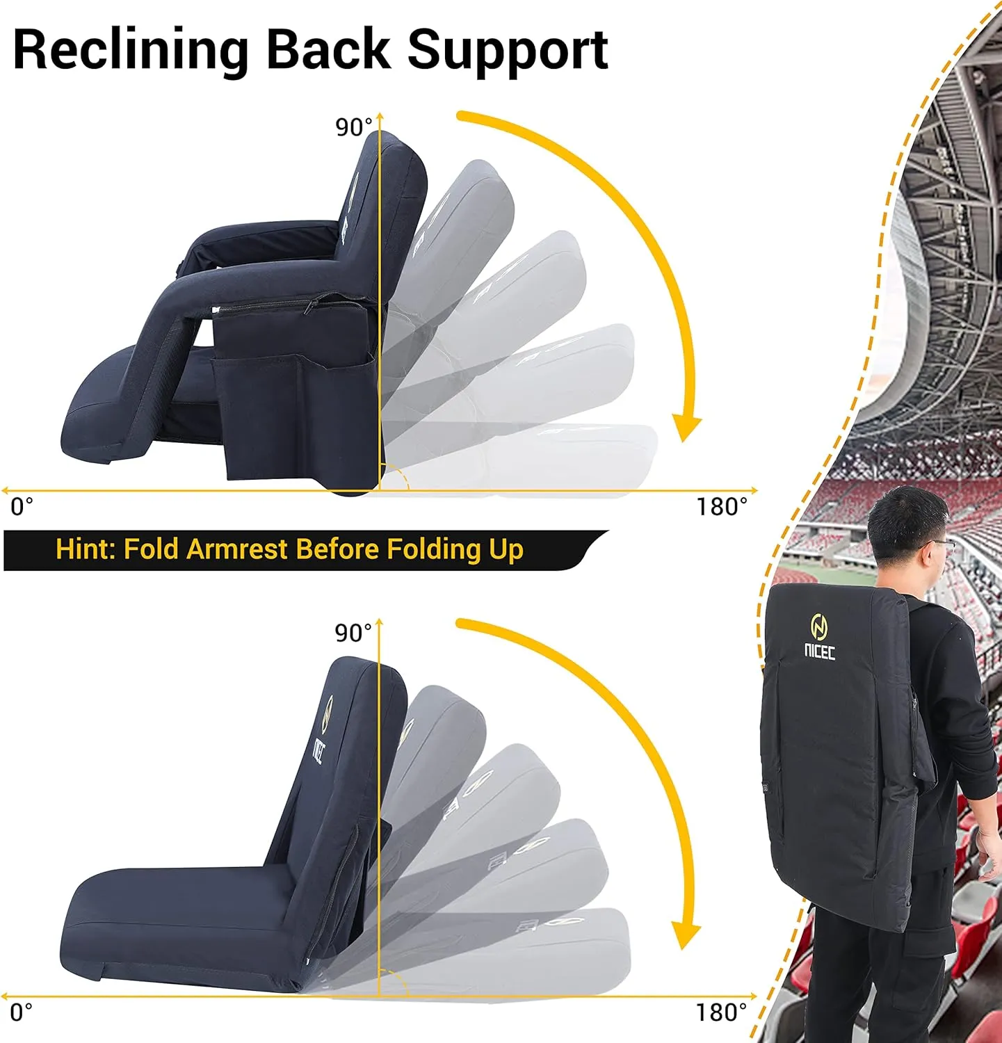 Nice C Stadium Seats, Floor Chair, Bleacher Chairs, 5 Reclining Positions Waterproof Cushion, Ultralight, Foldable, Extra Thick Padding, with Shoulder Straps & Net Pockets