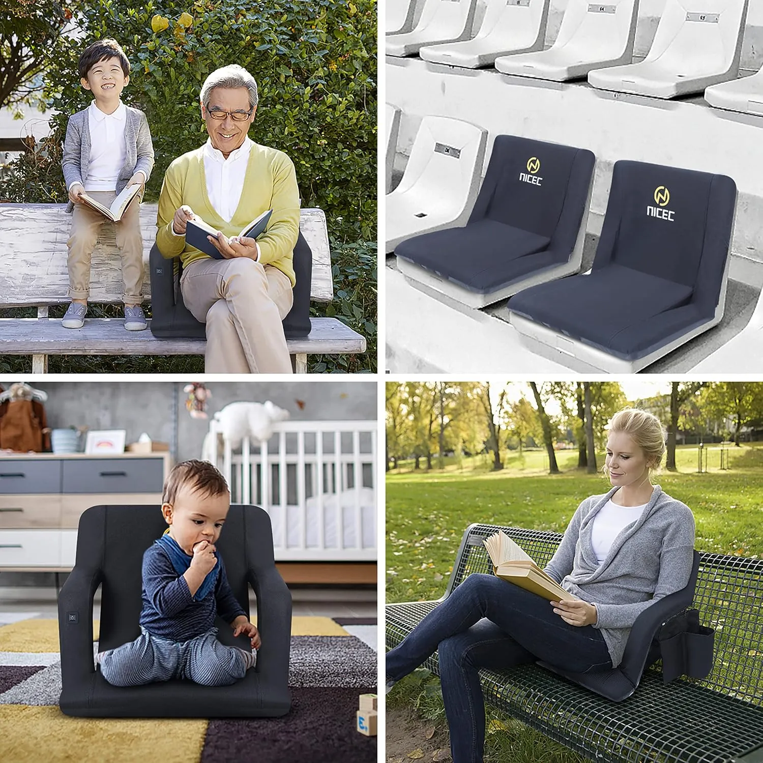 Nice C Stadium Seats, Floor Chair, Bleacher Chairs, 5 Reclining Positions Waterproof Cushion, Ultralight, Foldable, Extra Thick Padding, with Shoulder Straps & Net Pockets