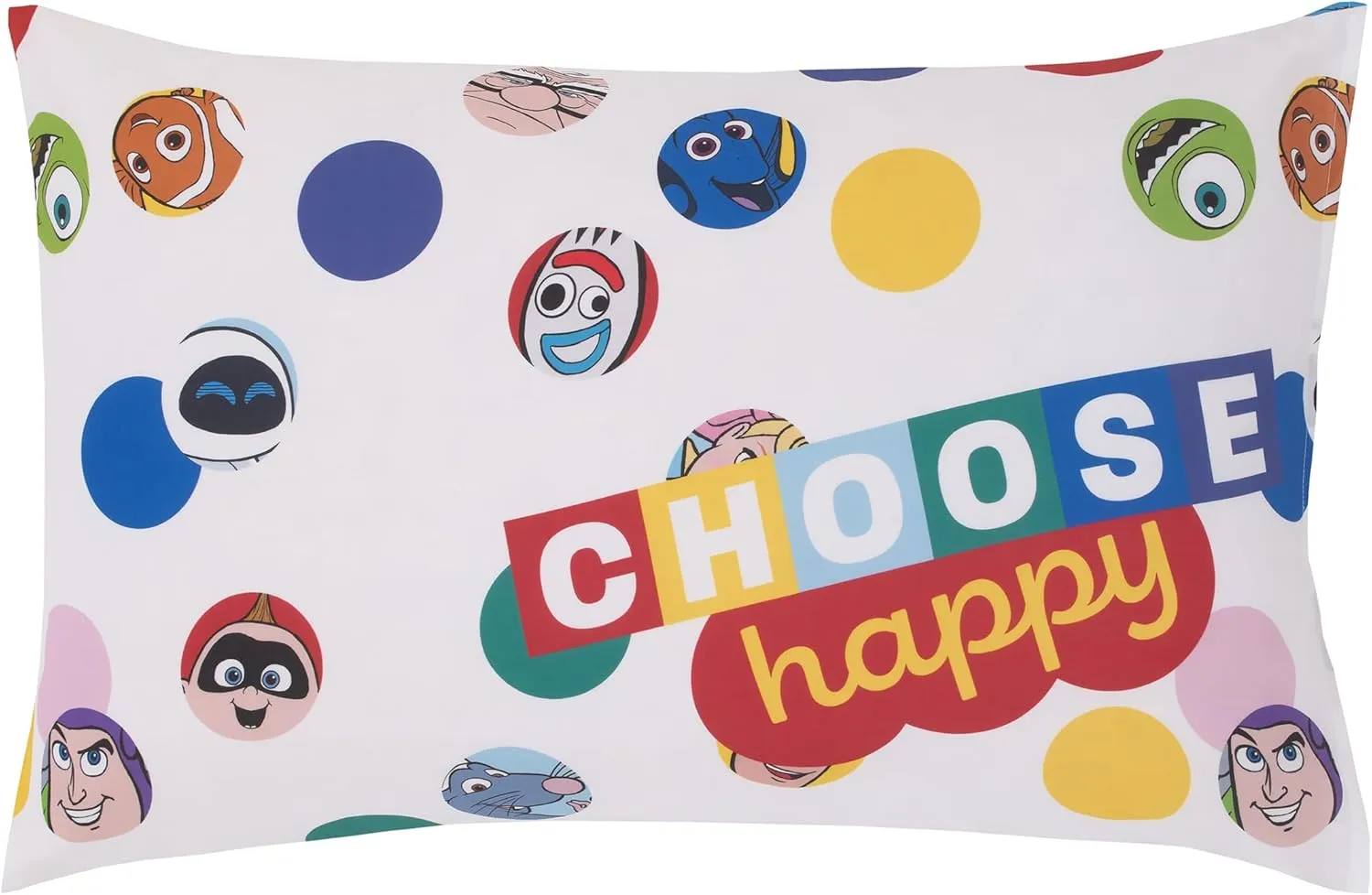 NoJo Disney Choose Happy Pixar Friends Multi-Colored 4 Piece Toddler Bed Set - Comforter, Fitted Bottom Sheet, Flat Top Sheet, and Reversible Pillowcase