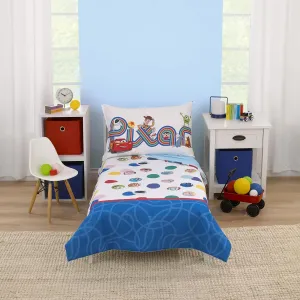 NoJo Disney Choose Happy Pixar Friends Multi-Colored 4 Piece Toddler Bed Set - Comforter, Fitted Bottom Sheet, Flat Top Sheet, and Reversible Pillowcase