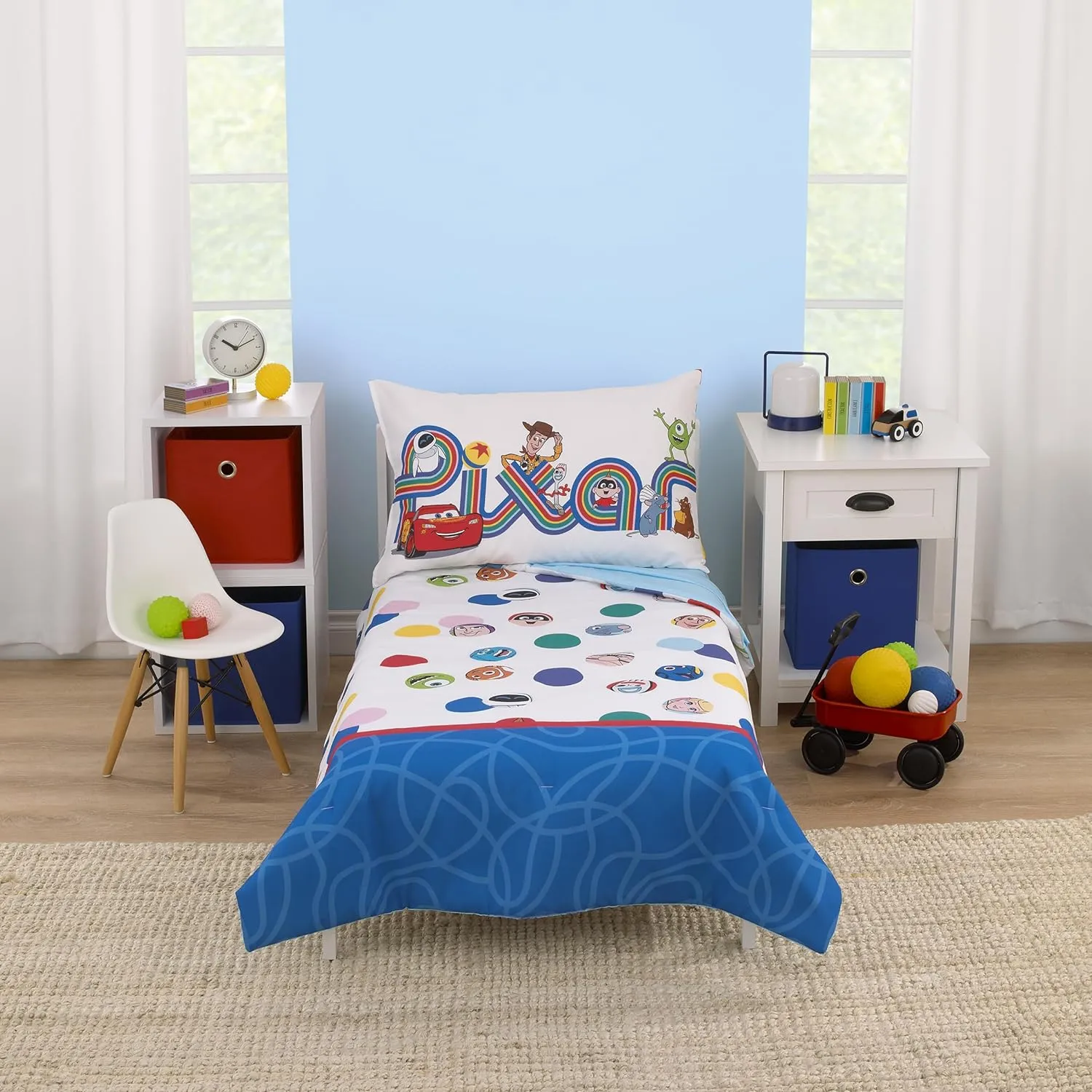 NoJo Disney Choose Happy Pixar Friends Multi-Colored 4 Piece Toddler Bed Set - Comforter, Fitted Bottom Sheet, Flat Top Sheet, and Reversible Pillowcase