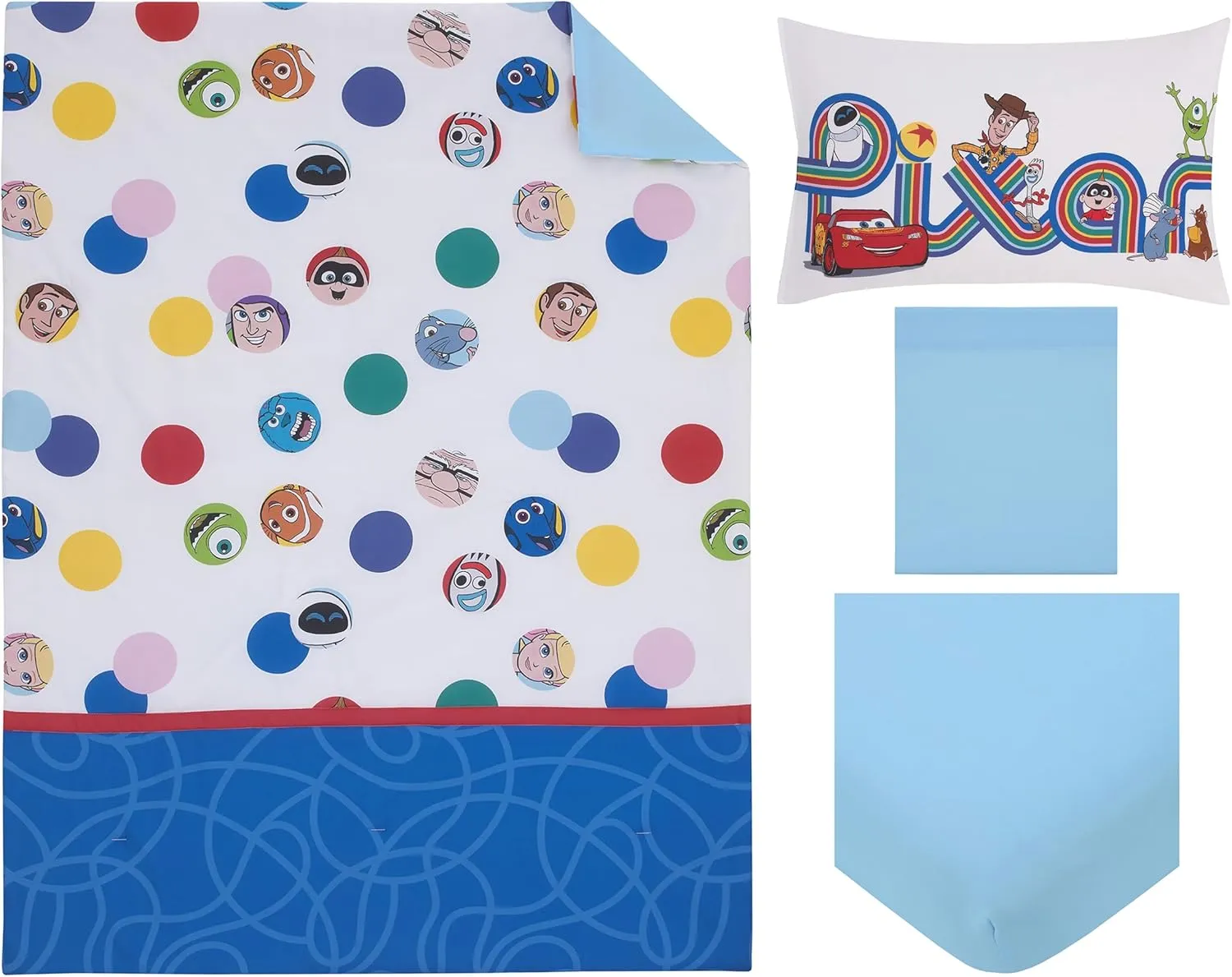 NoJo Disney Choose Happy Pixar Friends Multi-Colored 4 Piece Toddler Bed Set - Comforter, Fitted Bottom Sheet, Flat Top Sheet, and Reversible Pillowcase