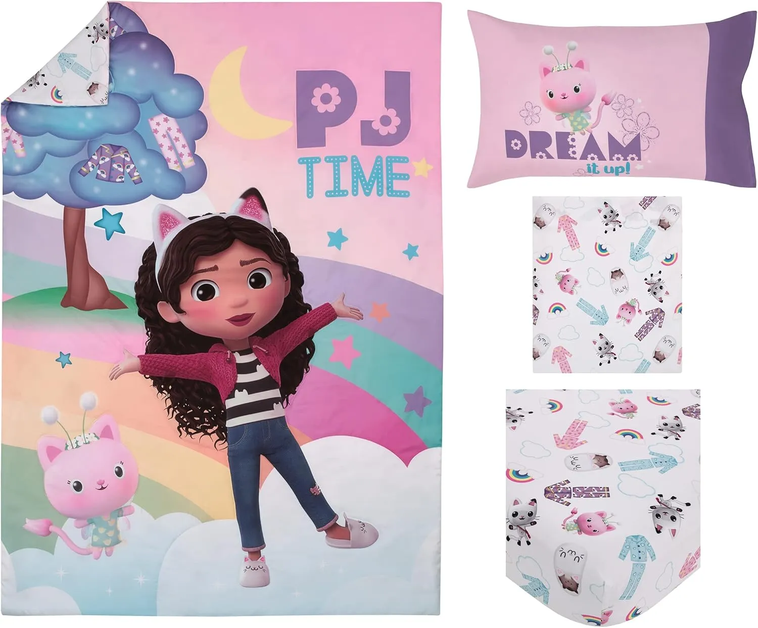 NoJo DreamWorks Gabby's Dollhouse Dream It Up Multi-Colored Rainbow PJ Time 4 Piece Toddler Bed Set - Comforter, Fitted Bottom Sheet, Flat Top Sheet and Reversible Pillowcase