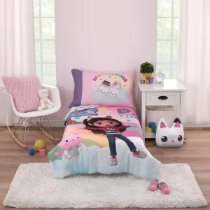 NoJo DreamWorks Gabby's Dollhouse Dream It Up Multi-Colored Rainbow PJ Time 4 Piece Toddler Bed Set - Comforter, Fitted Bottom Sheet, Flat Top Sheet and Reversible Pillowcase