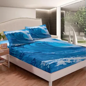 Ocean Wave Fitted Sheet Full for Kids Summer Sea Beach Bedding Set Hawaiian Tropical Printed Bed Sheet Set Microfiber Wave Surfing Bed Cover with 2 Pillow Shams, Blue, 3Pcs (No Flat Sheet)
