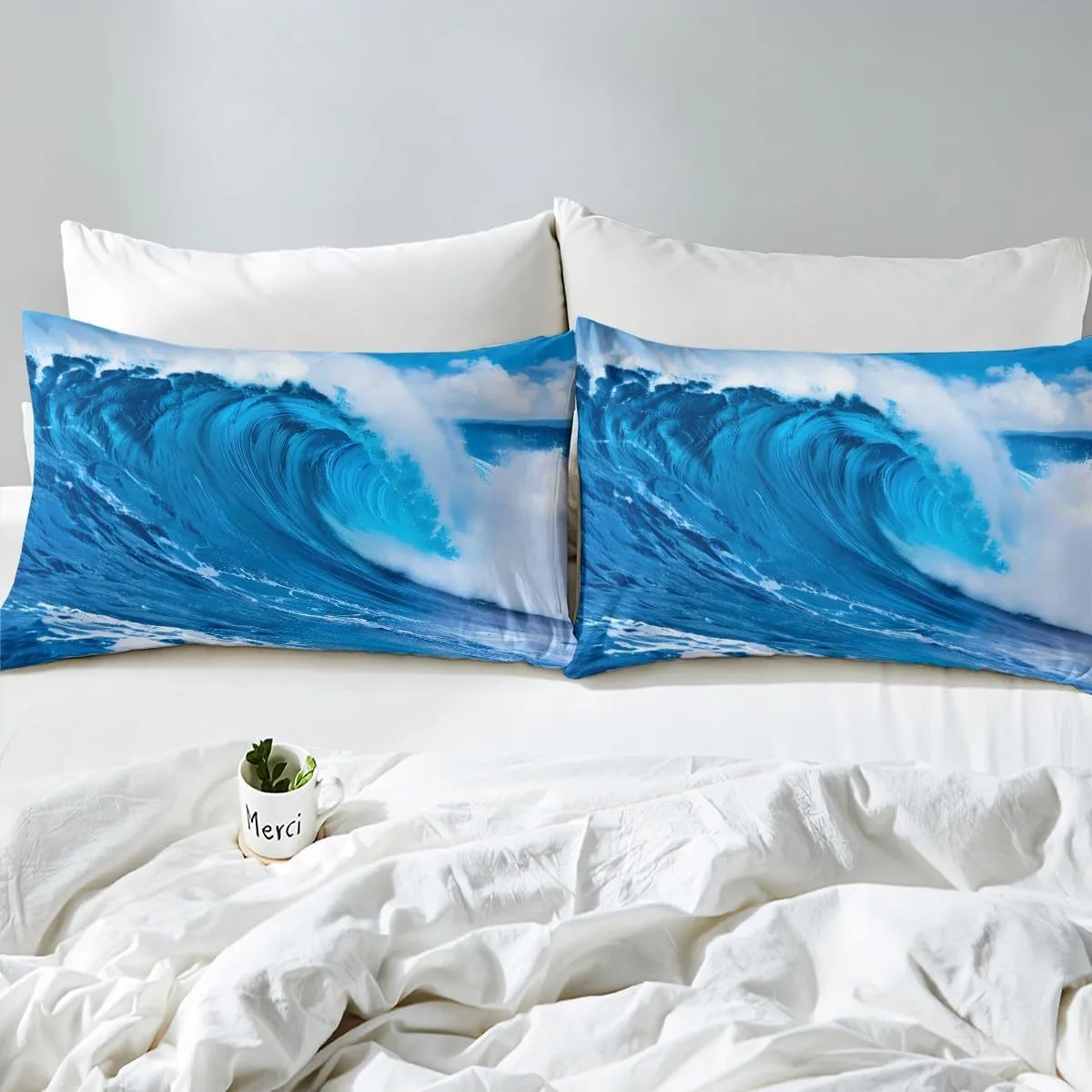 Ocean Wave Fitted Sheet Full for Kids Summer Sea Beach Bedding Set Hawaiian Tropical Printed Bed Sheet Set Microfiber Wave Surfing Bed Cover with 2 Pillow Shams, Blue, 3Pcs (No Flat Sheet)