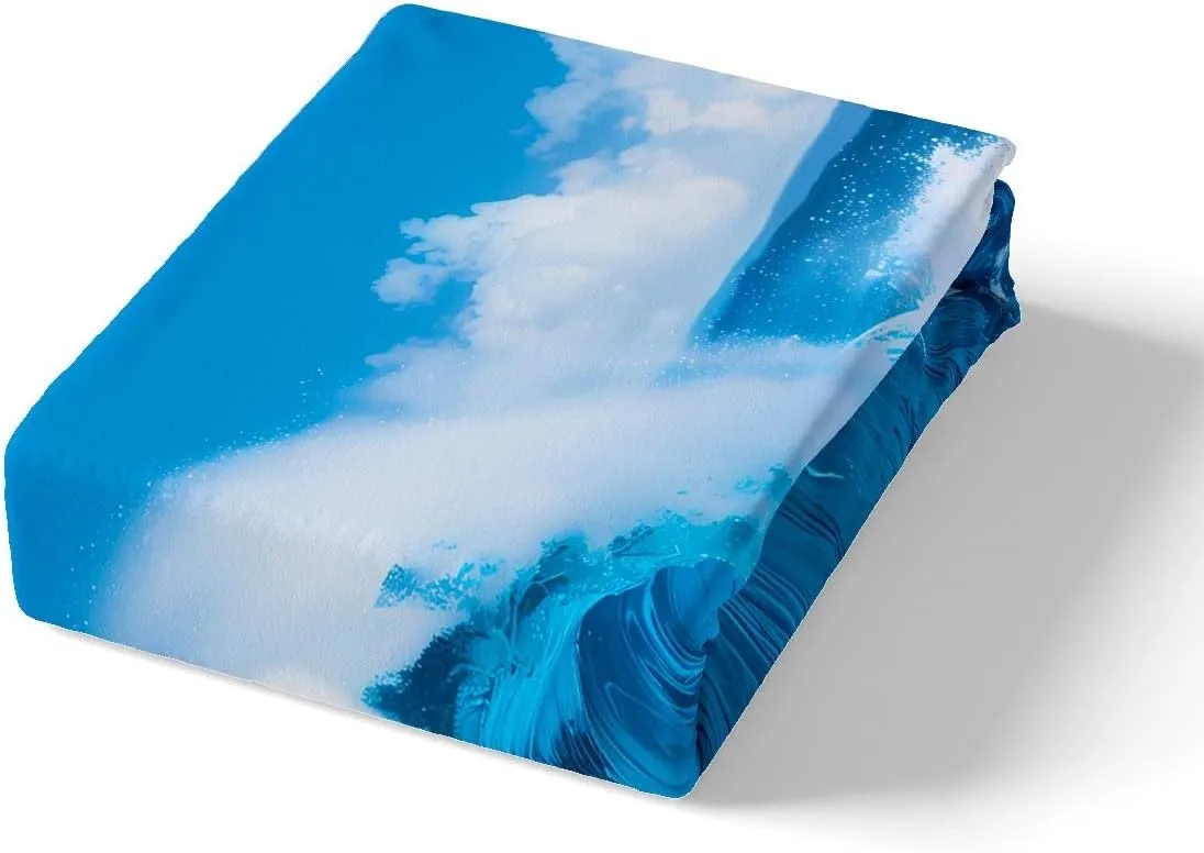 Ocean Wave Fitted Sheet Full for Kids Summer Sea Beach Bedding Set Hawaiian Tropical Printed Bed Sheet Set Microfiber Wave Surfing Bed Cover with 2 Pillow Shams, Blue, 3Pcs (No Flat Sheet)
