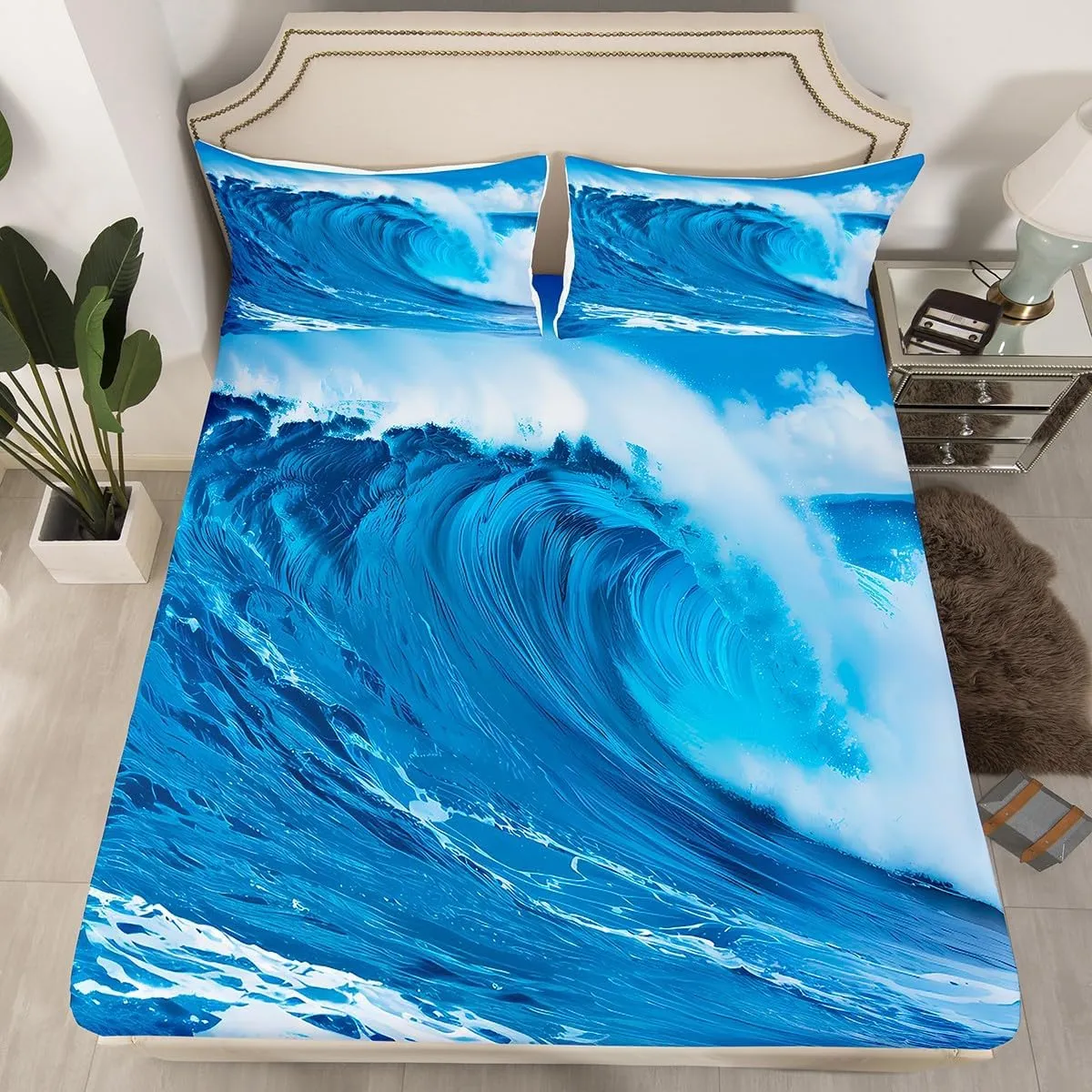 Ocean Wave Fitted Sheet Full for Kids Summer Sea Beach Bedding Set Hawaiian Tropical Printed Bed Sheet Set Microfiber Wave Surfing Bed Cover with 2 Pillow Shams, Blue, 3Pcs (No Flat Sheet)