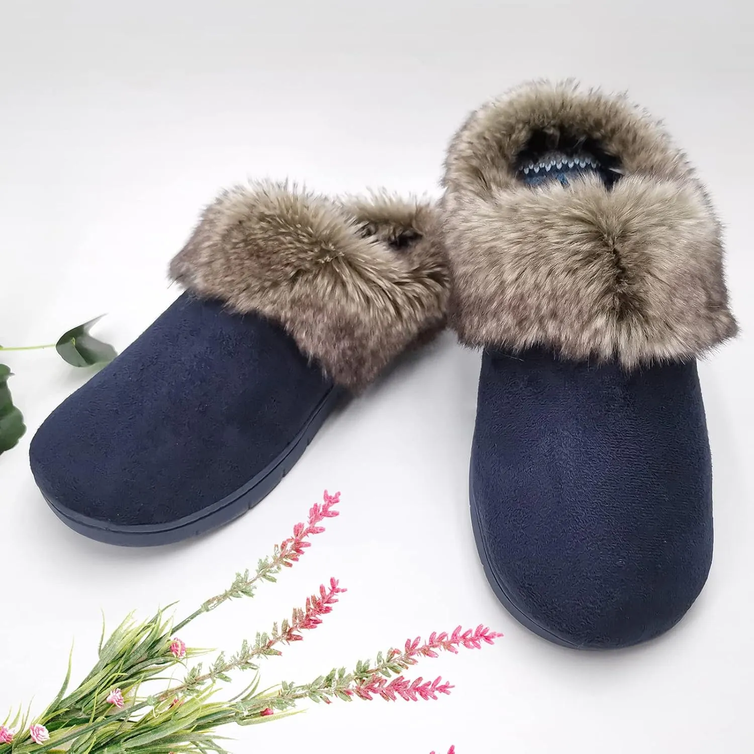 ofoot Womens Winter Warm Moccasins Suede Faux Fur Mule Slippers Furry House Shoes Memory Foam Hard Soled for Indoor Outdoor