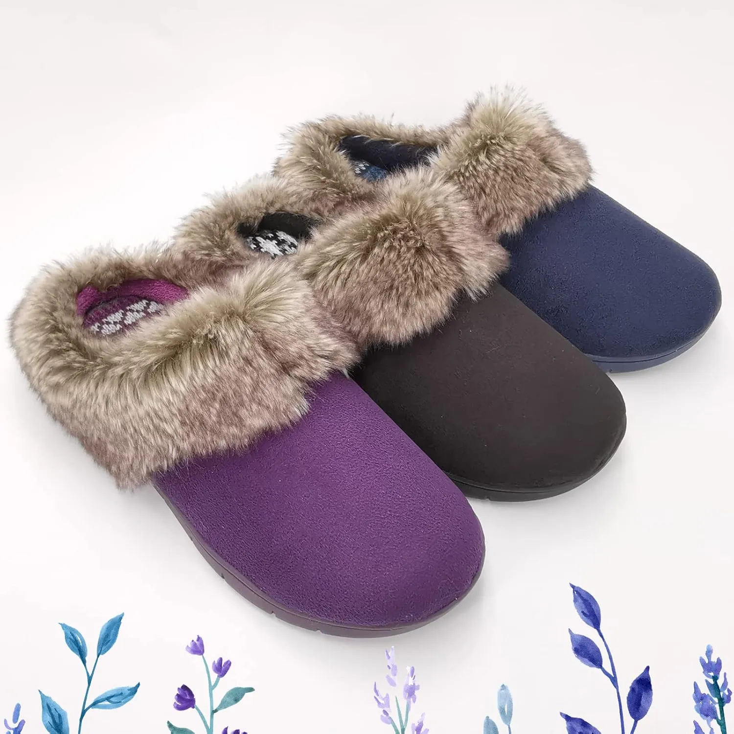 ofoot Womens Winter Warm Moccasins Suede Faux Fur Mule Slippers Furry House Shoes Memory Foam Hard Soled for Indoor Outdoor