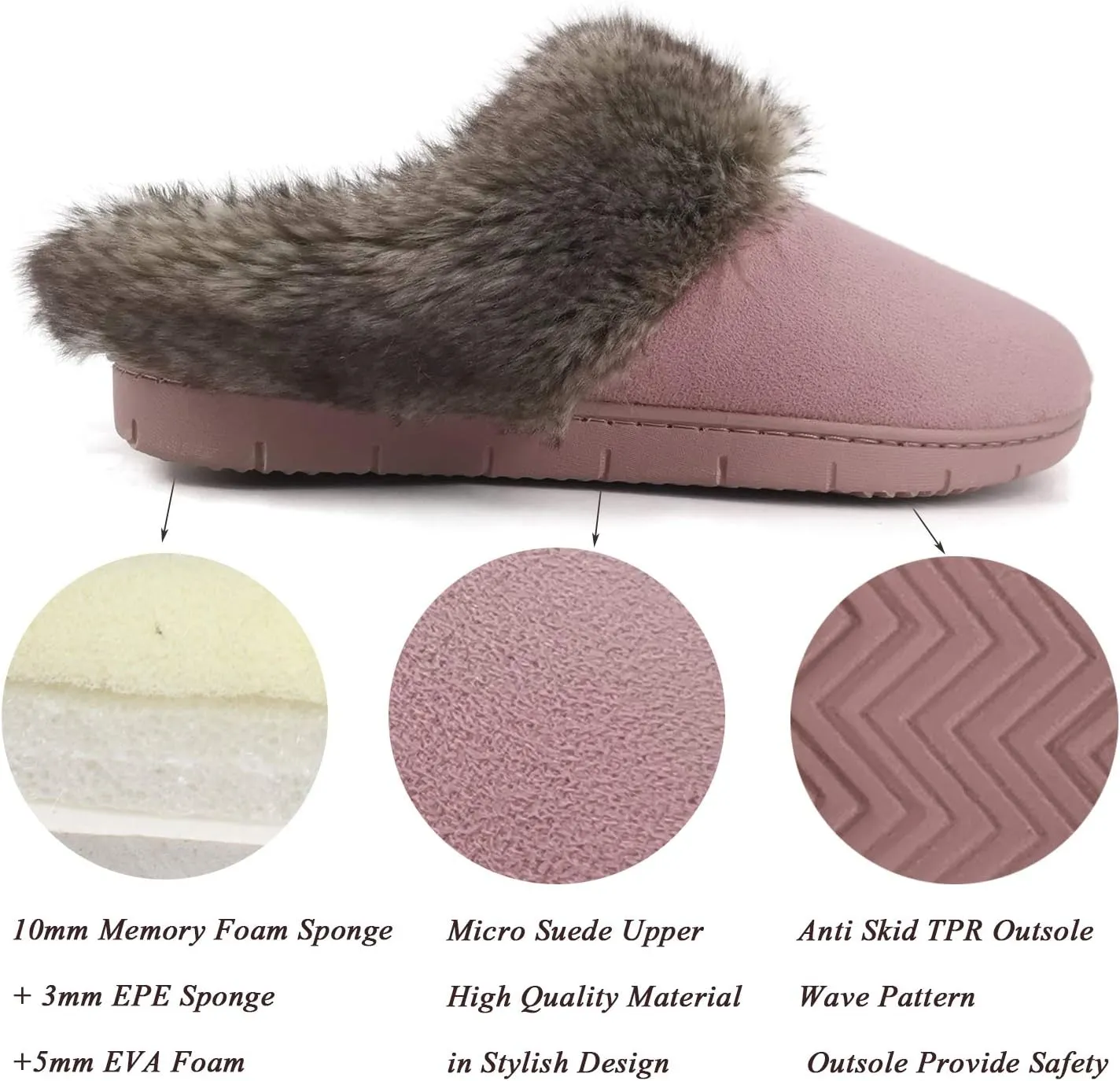 ofoot Womens Winter Warm Moccasins Suede Faux Fur Mule Slippers Furry House Shoes Memory Foam Hard Soled for Indoor Outdoor