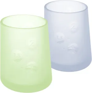 Olababy First Cup | Clear Sense 100% Silicone Infant Trainer Cup | 2oz Medicine Cup for Newborn | Non-Slip & Sloping Design for Tiny Hands & Baby Led Weaning (Kiwi/Blueberry, 2 Cups)