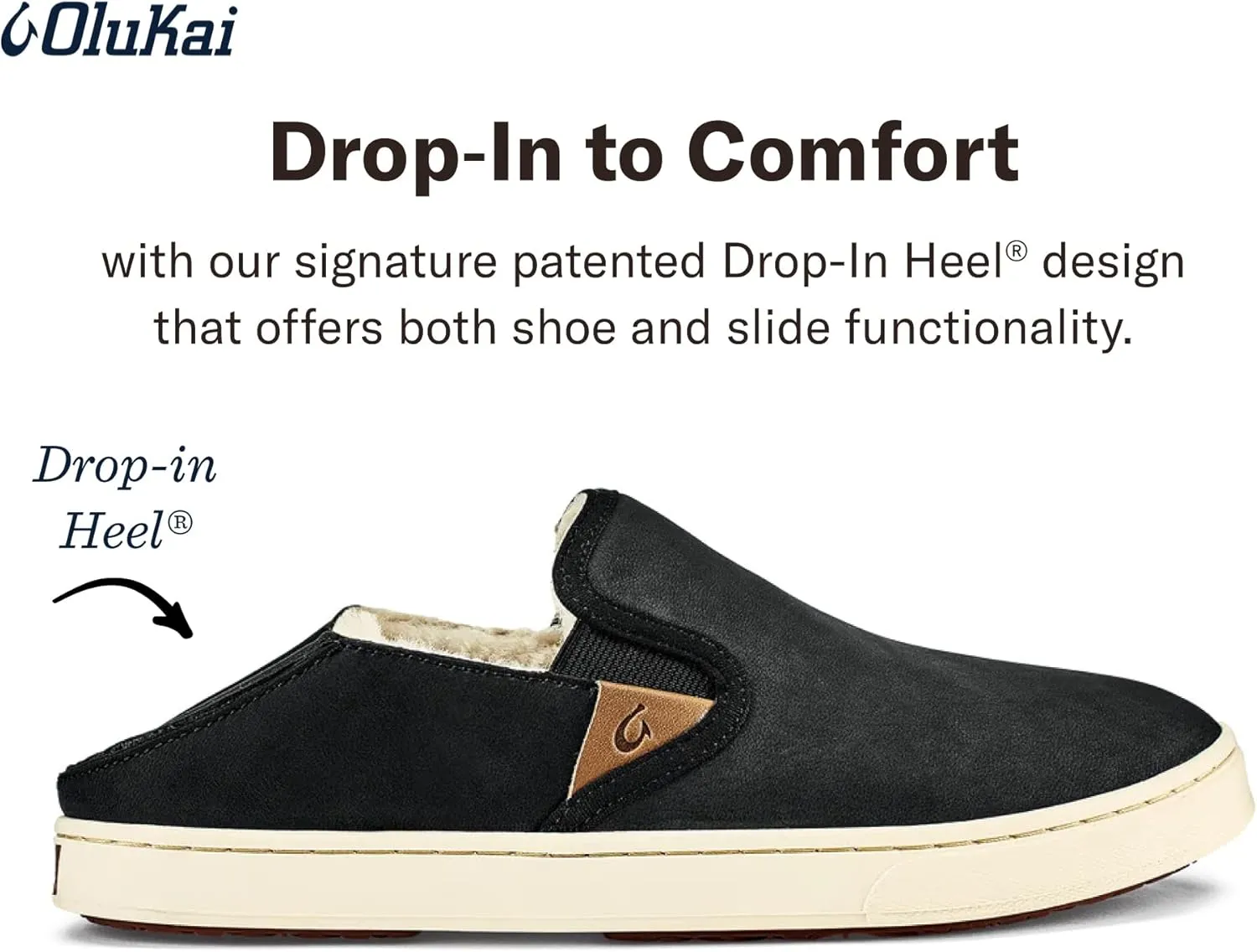 OLUKAI Pehuea Heu Women's Slip-On Sneakers, Genuine Shearling & Premium Waterproof Nubuck Leather, Cozy Slippers with Drop-in Heel Design