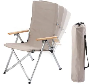 Outdoor Camping Chairs Folding/Foldable/Portable with Wooden Armrests, Carry Bag Included, 6-Speed Adjustable Beach Chair Lawn Fishing Lightweight Rocker Lounger Chair