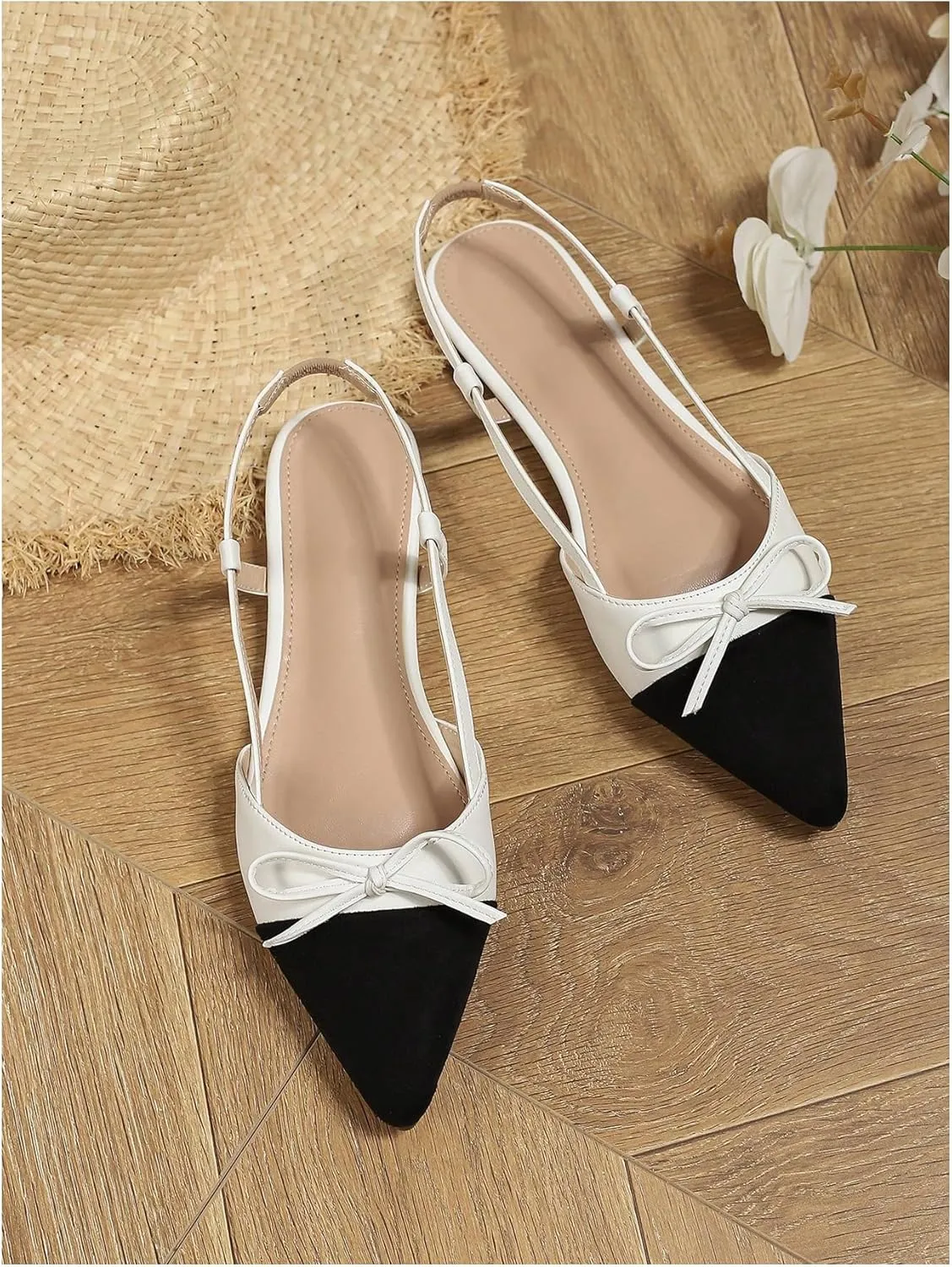 OYOANGLE Women's Color Block Bow Pointed Toe Slingback Flat Sandals Work Office Dressy Shoes
