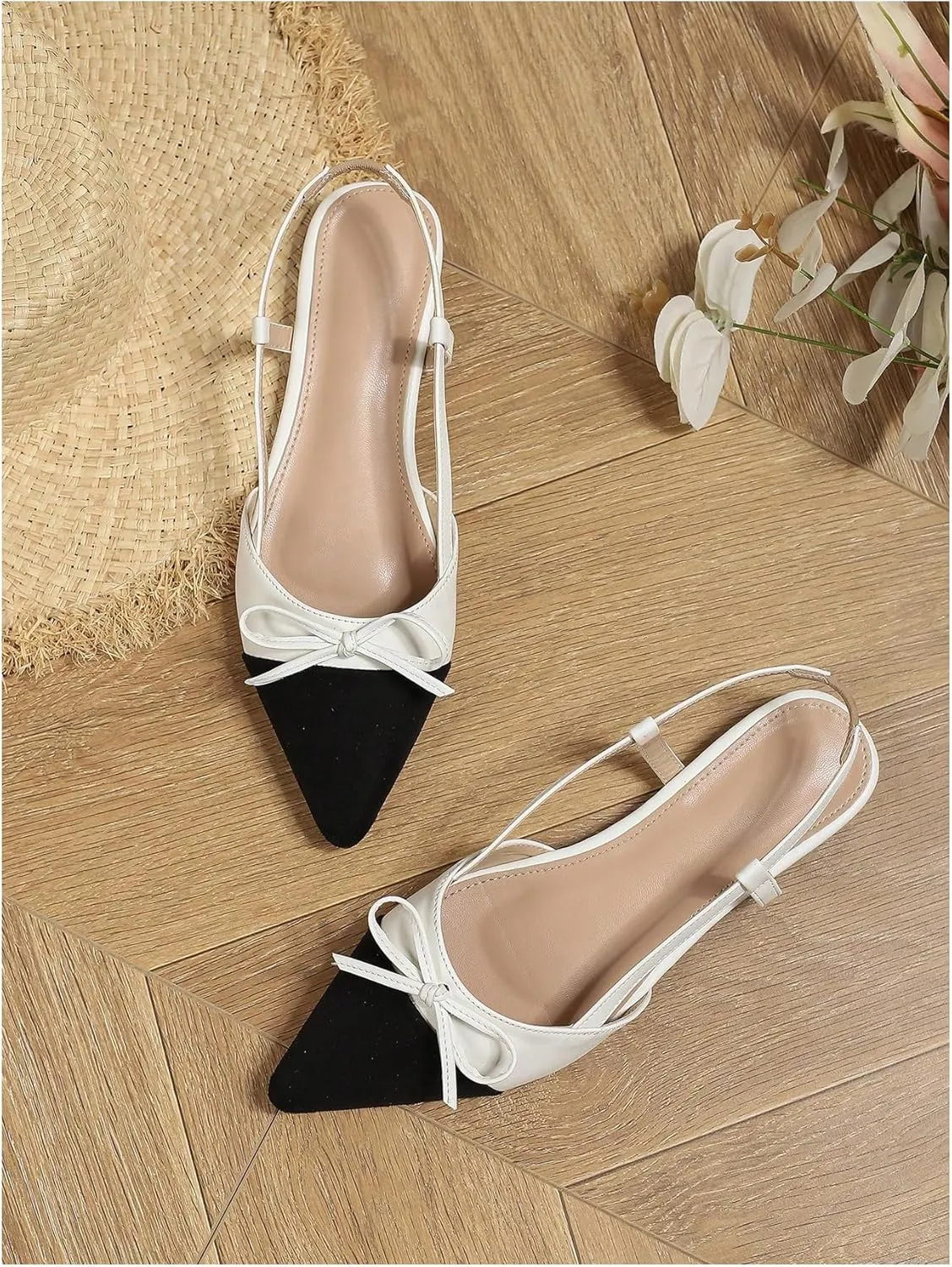 OYOANGLE Women's Color Block Bow Pointed Toe Slingback Flat Sandals Work Office Dressy Shoes