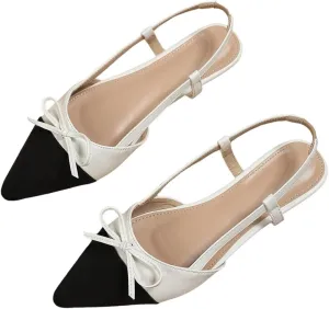 OYOANGLE Women's Color Block Bow Pointed Toe Slingback Flat Sandals Work Office Dressy Shoes
