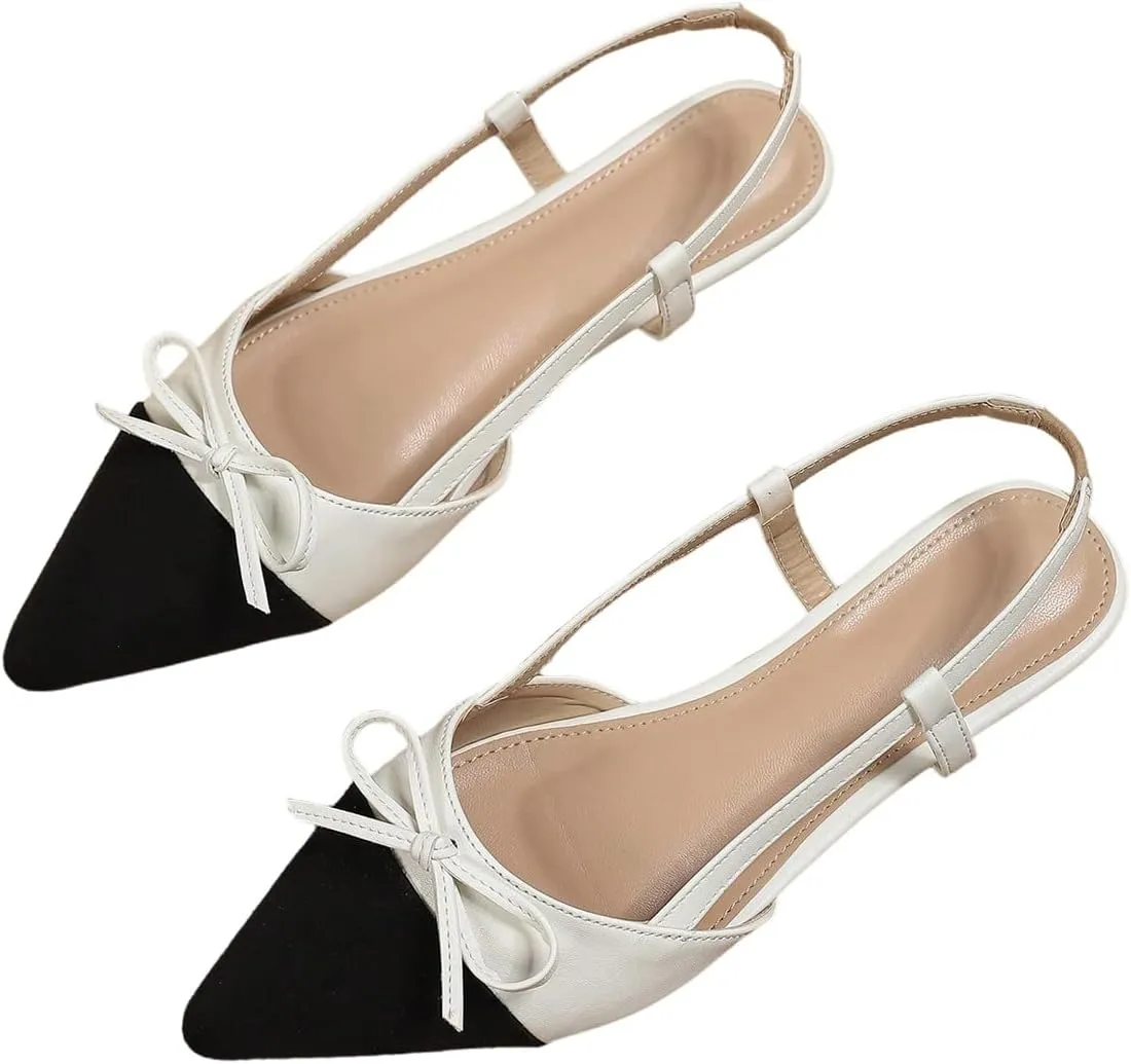 OYOANGLE Women's Color Block Bow Pointed Toe Slingback Flat Sandals Work Office Dressy Shoes