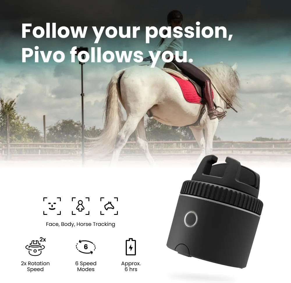 Pivo Equestrian Silver Starter Pack, Auto Face, Body, Horse Phone Tracking Holder, Ai-Powered 360° Rotation, Remote Control for Hands-Free Video Recording with Smart Mount and Travel Case