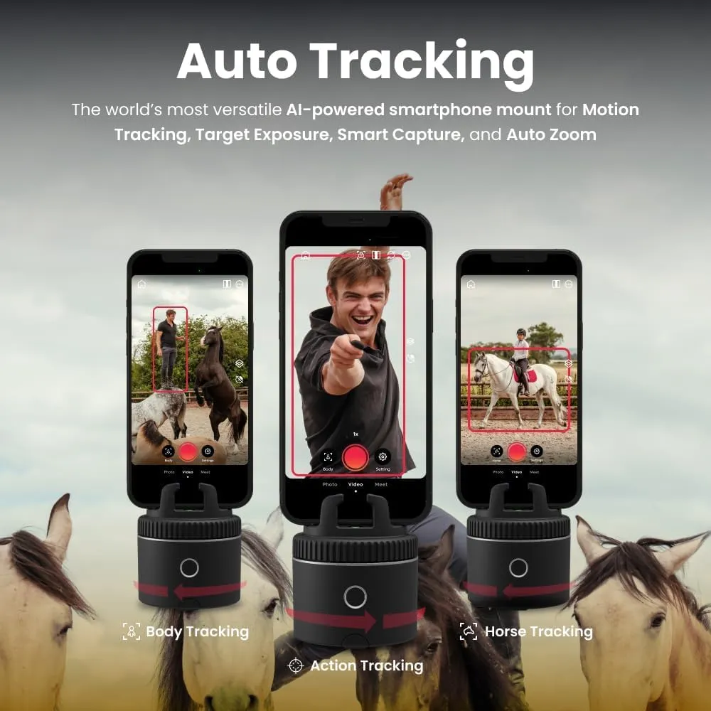Pivo Equestrian Silver Starter Pack, Auto Face, Body, Horse Phone Tracking Holder, Ai-Powered 360° Rotation, Remote Control for Hands-Free Video Recording with Smart Mount and Travel Case