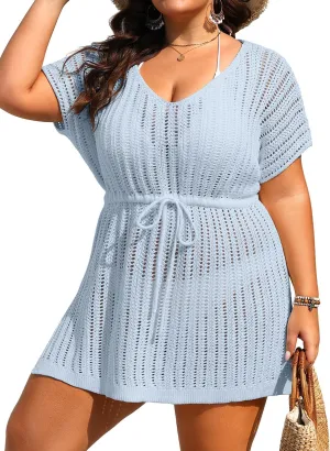 Plus Size Swimsuit Cover Up Women - Crochet Beach Romper Knit Bathing Suit Short Sleeve V Neck Swimwear Coverup Dress